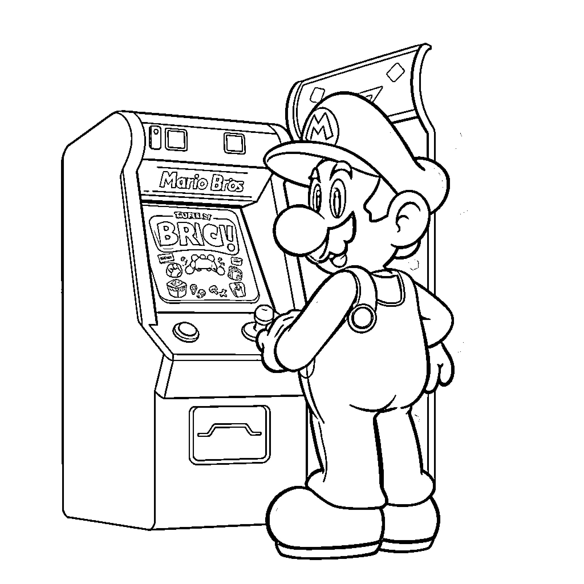 Super Mario Playing Video Game in Arcade Cabinet Coloring Page (free black-and-white line drawing printable PDF for all, from beginners to advanced learners, including children, teens, adults, and seniors)