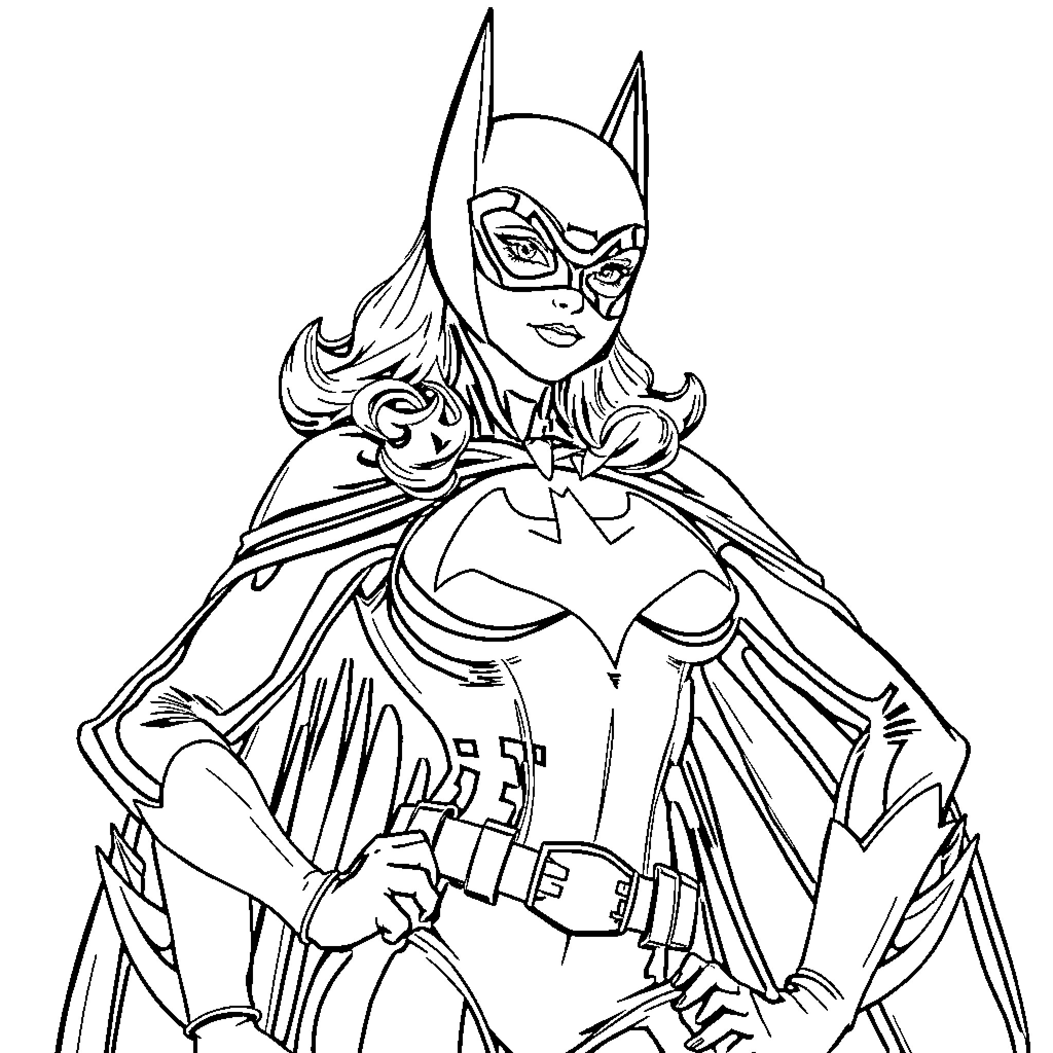 Batgirl in Heroic Pose Coloring Page (free black-and-white line drawing printable PDF for all, from beginners to advanced learners, including children, teens, adults, and seniors)