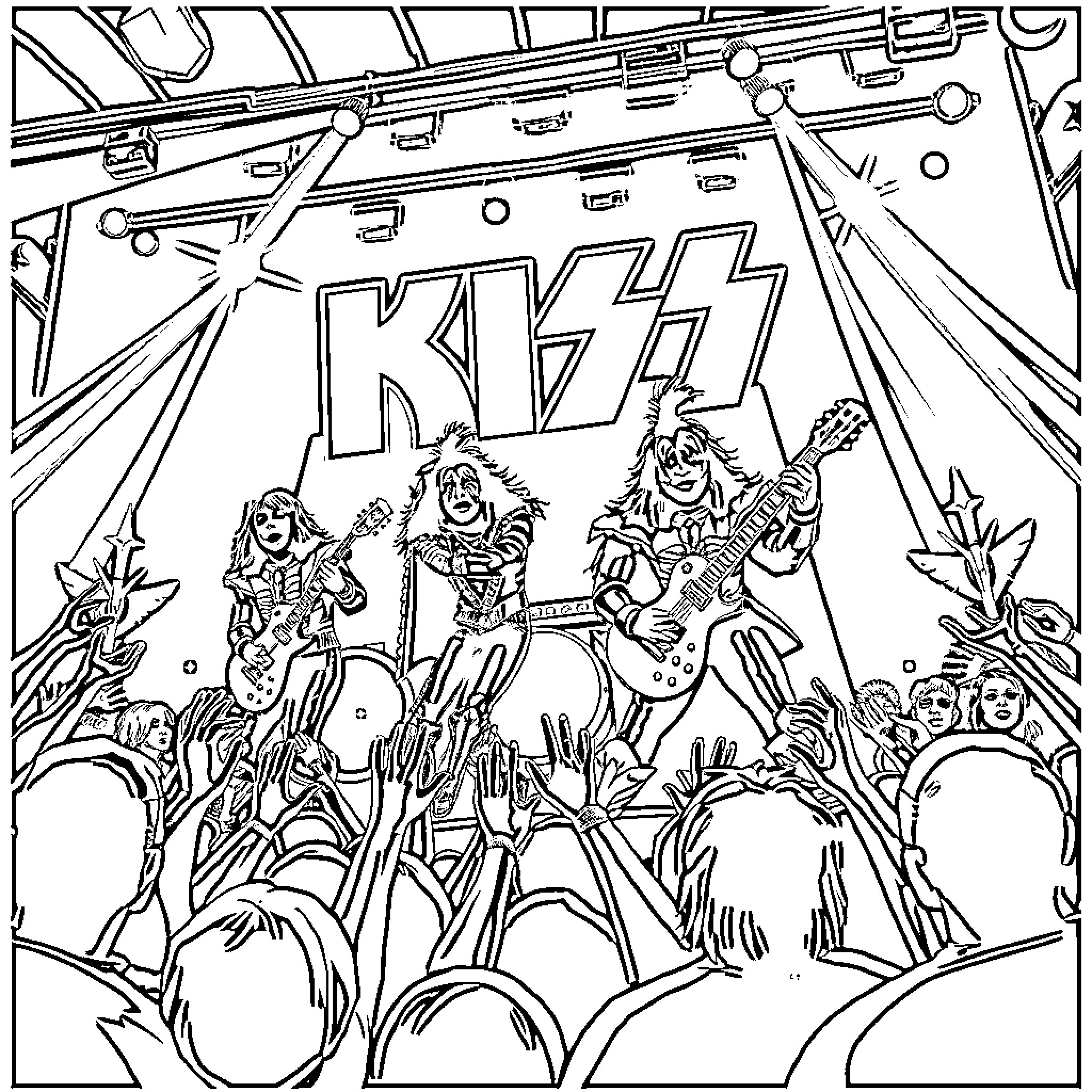 Kiss performing on stage before a crowd Coloring Page (free black-and-white line drawing printable PDF for all, from beginners to advanced learners, including children, teens, adults, and seniors)