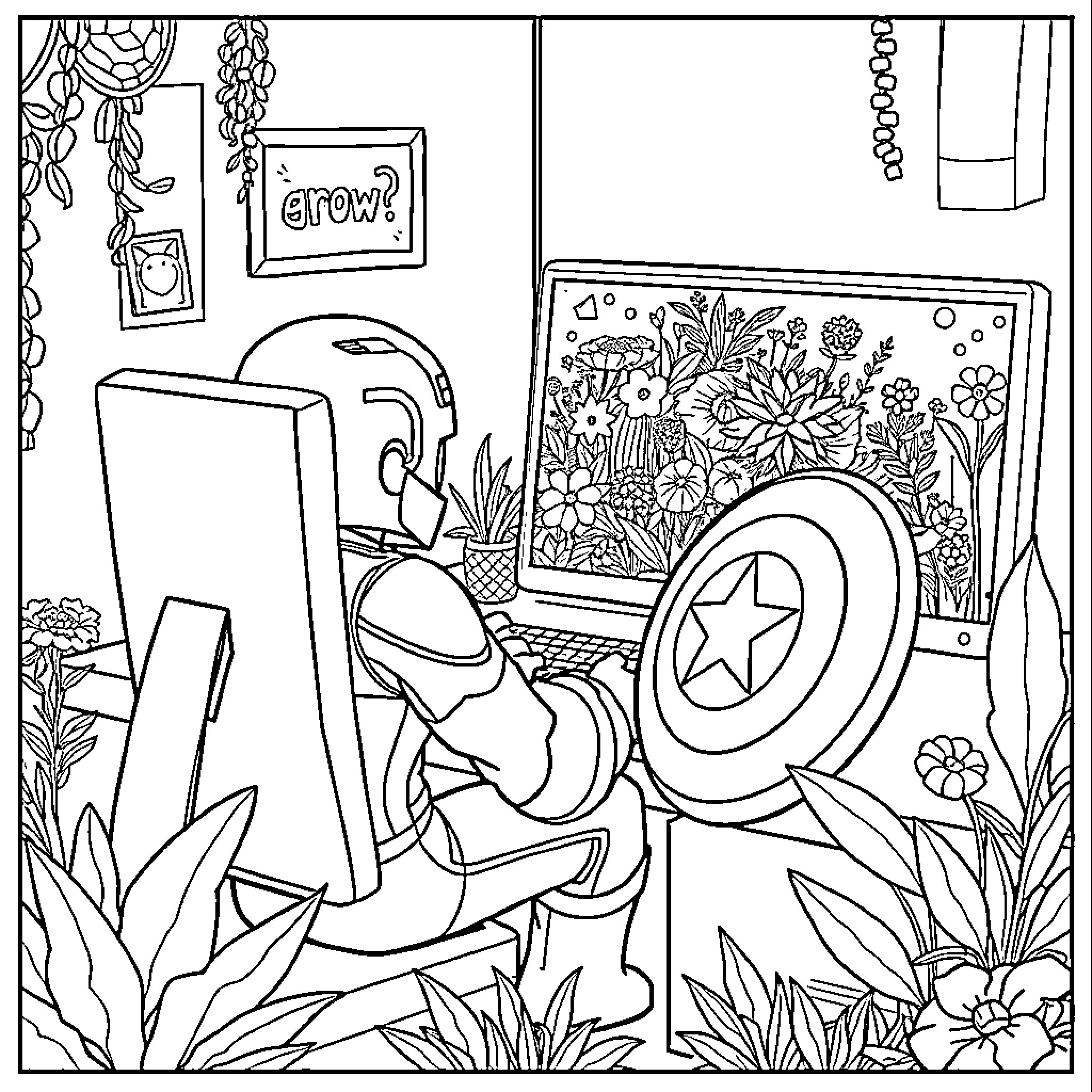 Captain America's Artistic Sanctuary Coloring Page (free black-and-white line drawing printable PDF for all, from beginners to advanced learners, including children, teens, adults, and seniors)