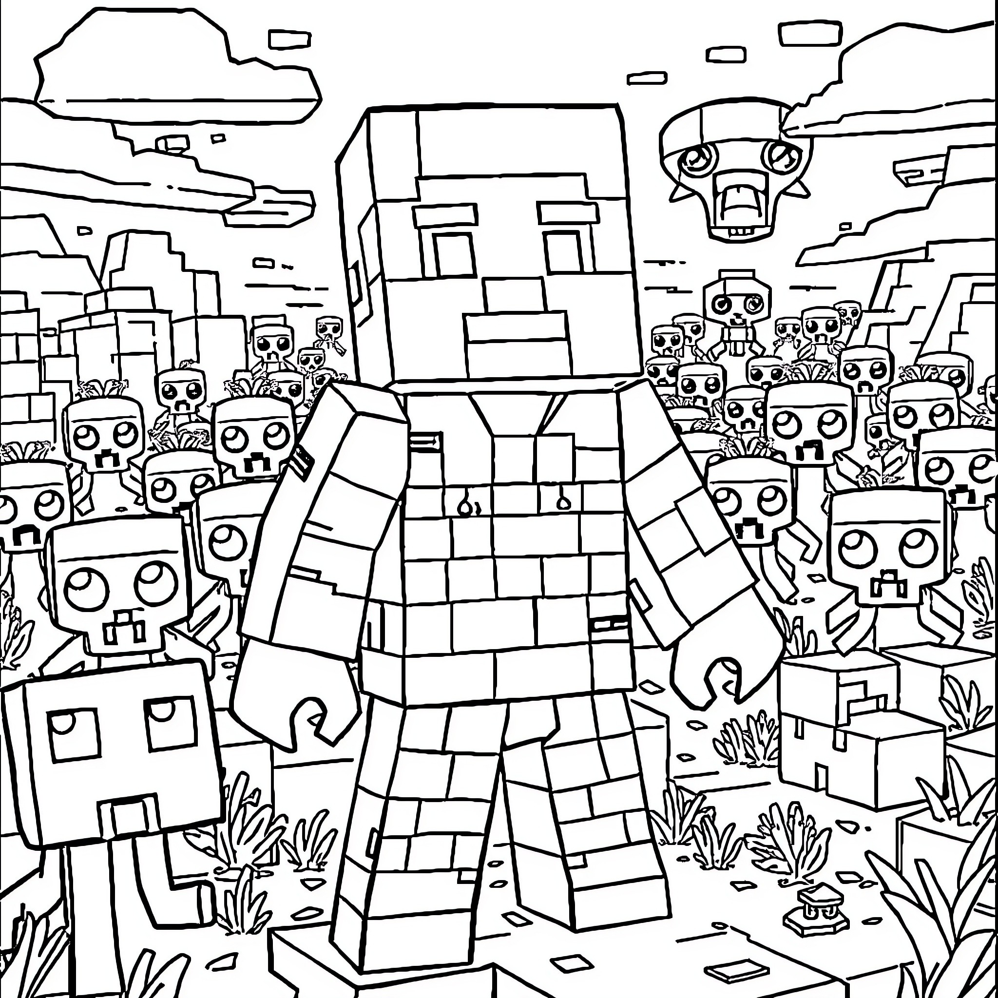 Steve explores the blocky world with curious creatures Coloring Page (free black-and-white line drawing printable PDF for all, from beginners to advanced learners, including children, teens, adults, and seniors)