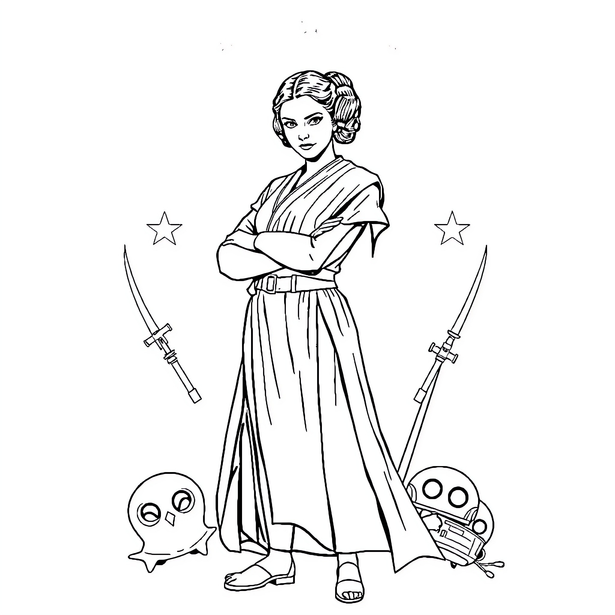 Princess Leia in combat-ready pose with weapons Coloring Page (free black-and-white line drawing printable PDF for all, from beginners to advanced learners, including children, teens, adults, and seniors)