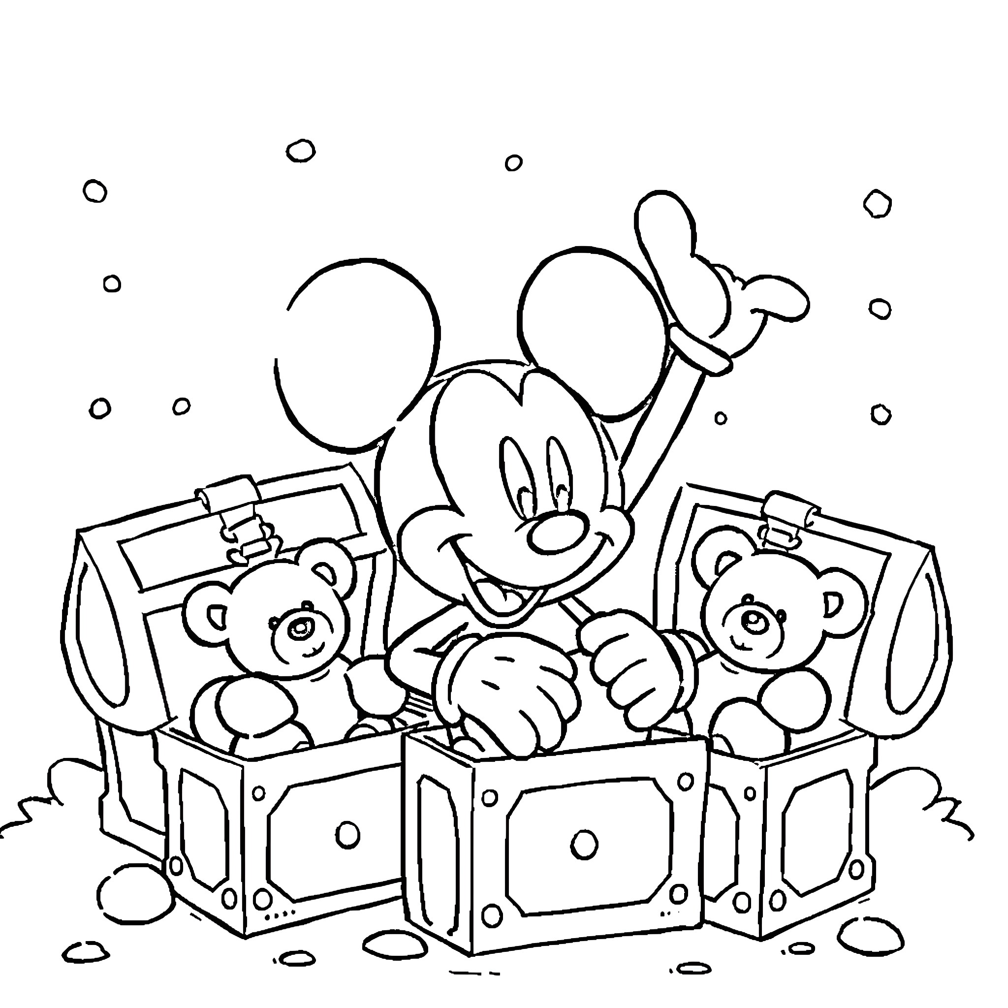 Mickey Mouse plays with cute toys in treasure chests Coloring Page (free black-and-white line drawing printable PDF for all, from beginners to advanced learners, including children, teens, adults, and seniors)