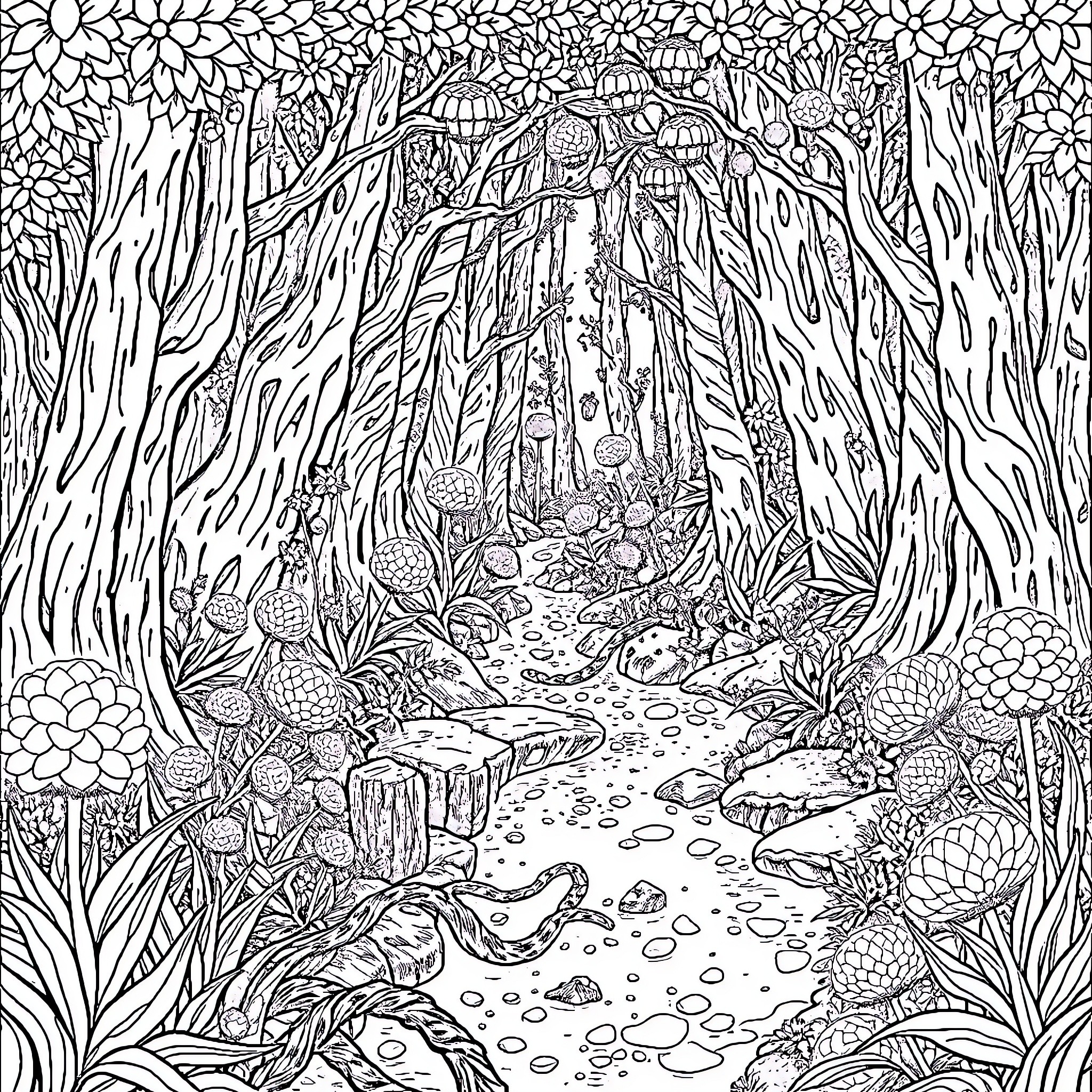 Forest Exploration Through the Intricate Plant Life Coloring Page (free black-and-white line drawing printable PDF for all, from beginners to advanced learners, including children, teens, adults, and seniors)