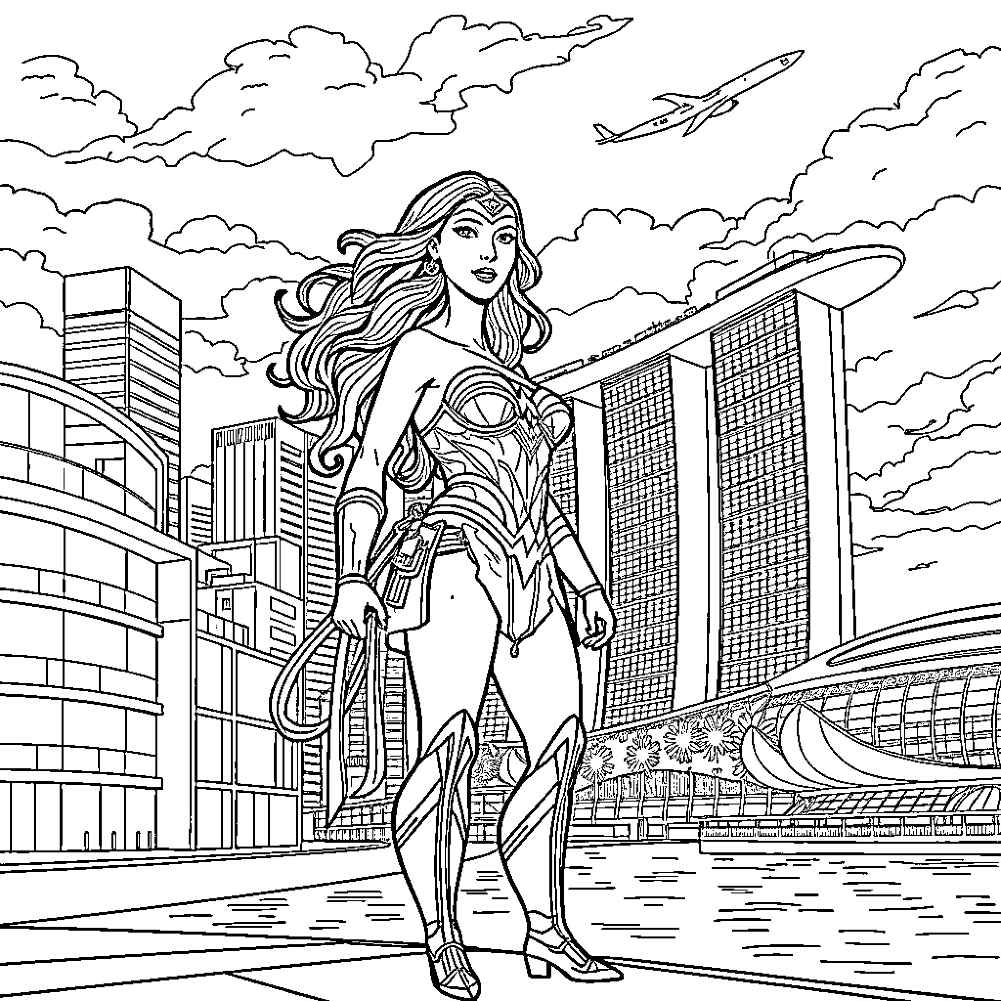 Wonder Woman heroically stands tall in the city Coloring Page (free black-and-white line drawing printable PDF for all, from beginners to advanced learners, including children, teens, adults, and seniors)
