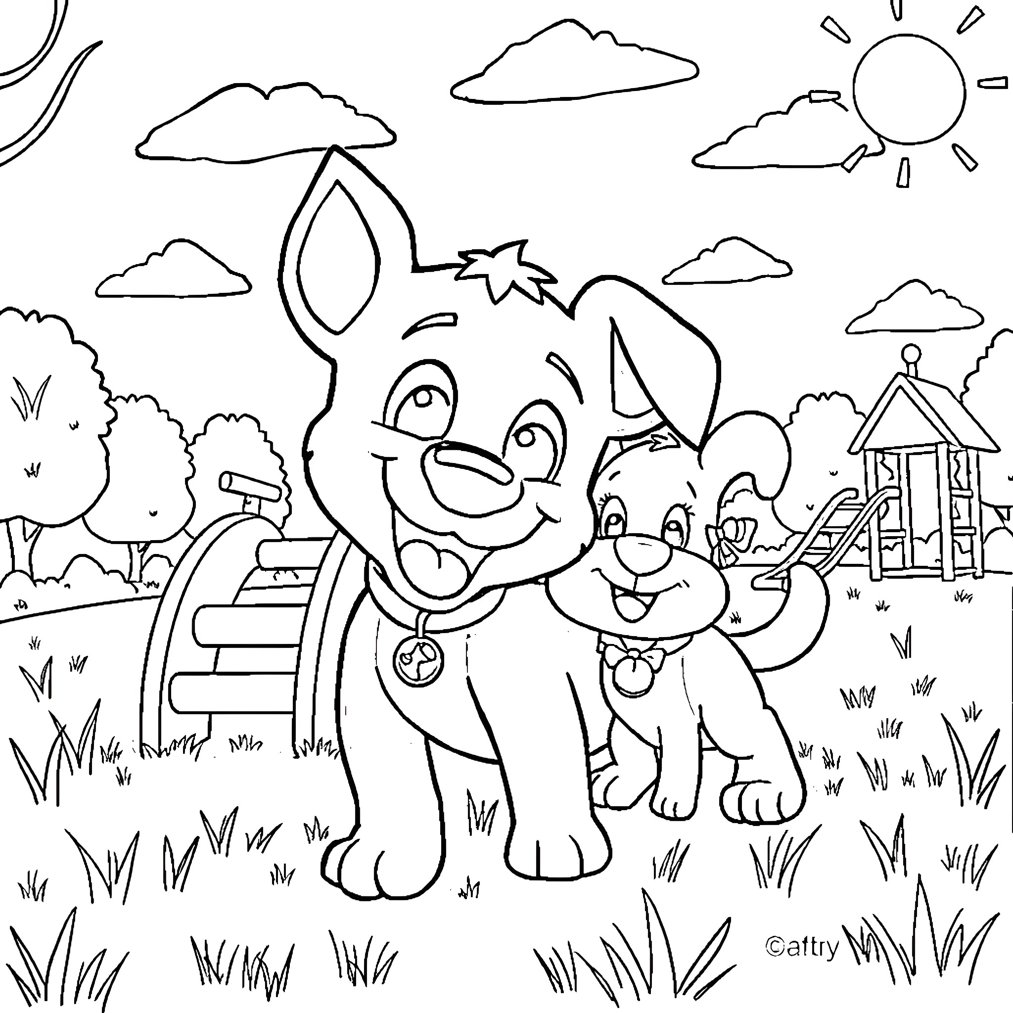 Bluey's Playful Pups in the Park Coloring Page (free black-and-white line drawing printable PDF for all, from beginners to advanced learners, including children, teens, adults, and seniors)