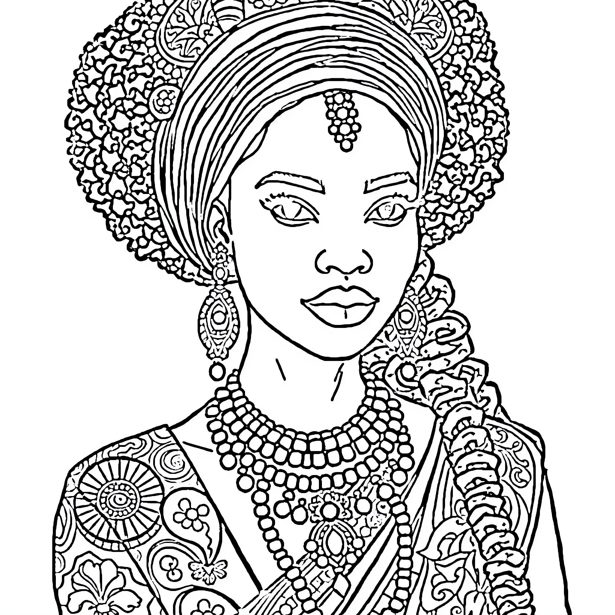 Princess adorned in ornate headpiece and jewelry Coloring Page (free black-and-white line drawing printable PDF for all, from beginners to advanced learners, including children, teens, adults, and seniors)