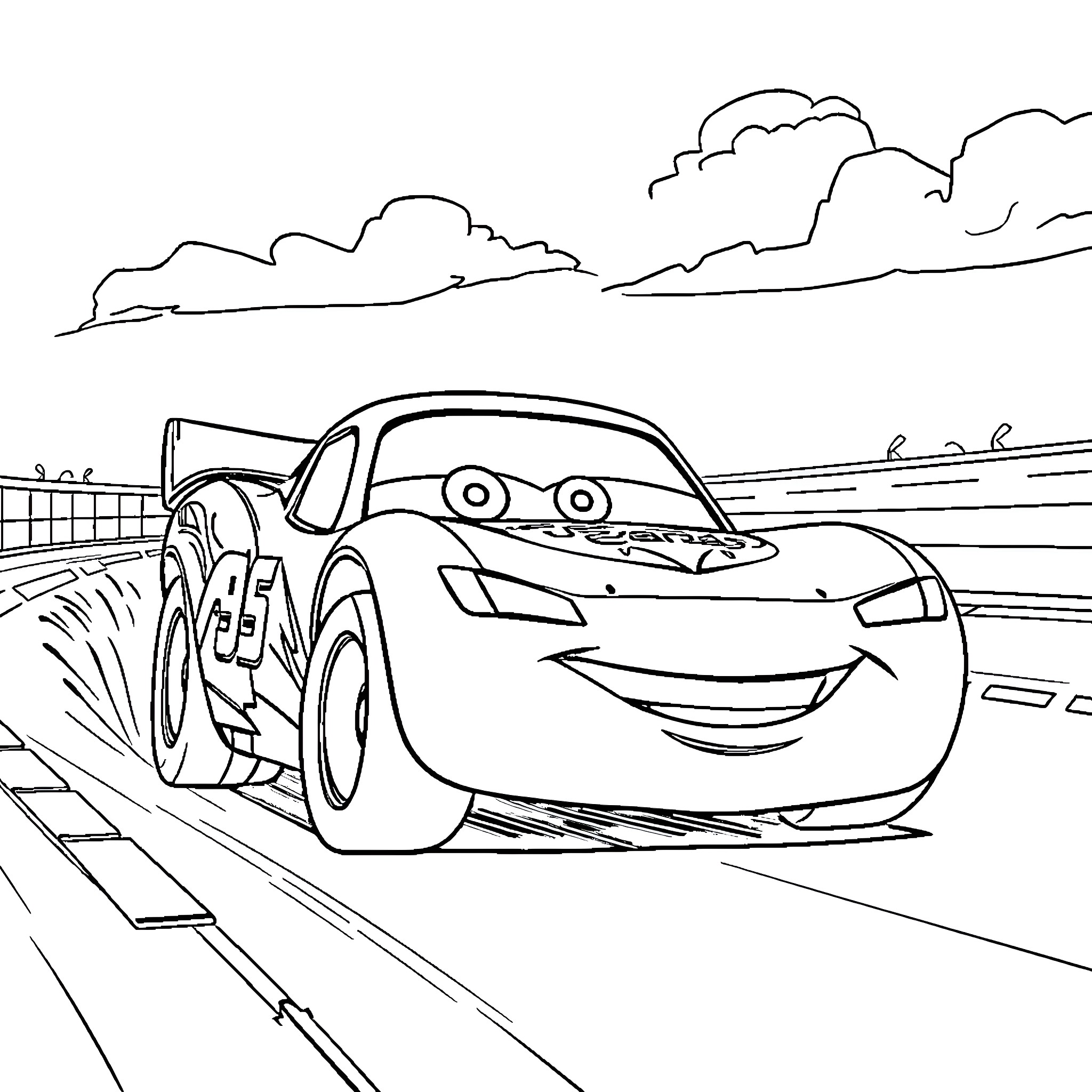 Lightning McQueen on the racetrack Coloring Page (free black-and-white line drawing printable PDF for all, from beginners to advanced learners, including children, teens, adults, and seniors)