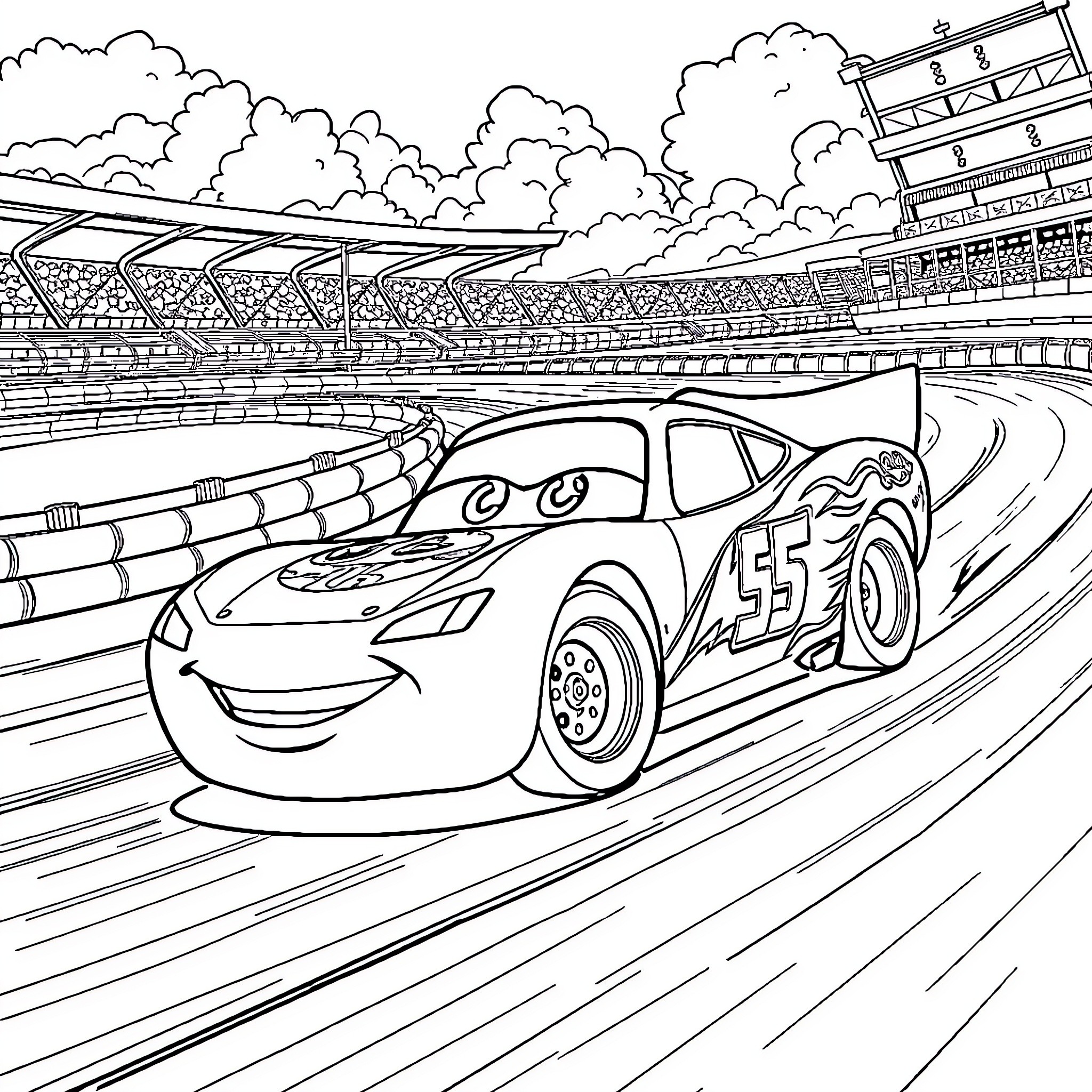 Lightning McQueen racing through a stadium Coloring Page (free black-and-white line drawing printable PDF for all, from beginners to advanced learners, including children, teens, adults, and seniors)