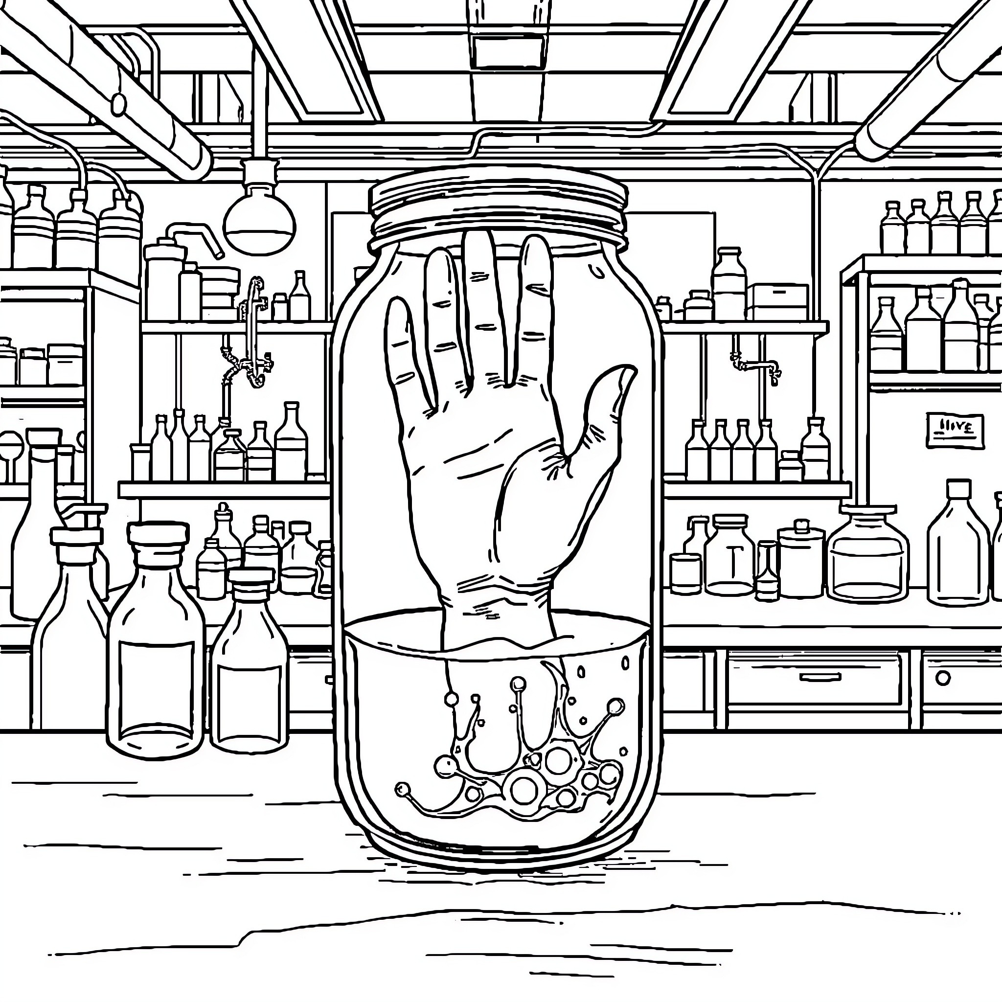 Hand in Jar with Scientific Equipment Coloring Page (free black-and-white line drawing printable PDF for all, from beginners to advanced learners, including children, teens, adults, and seniors)