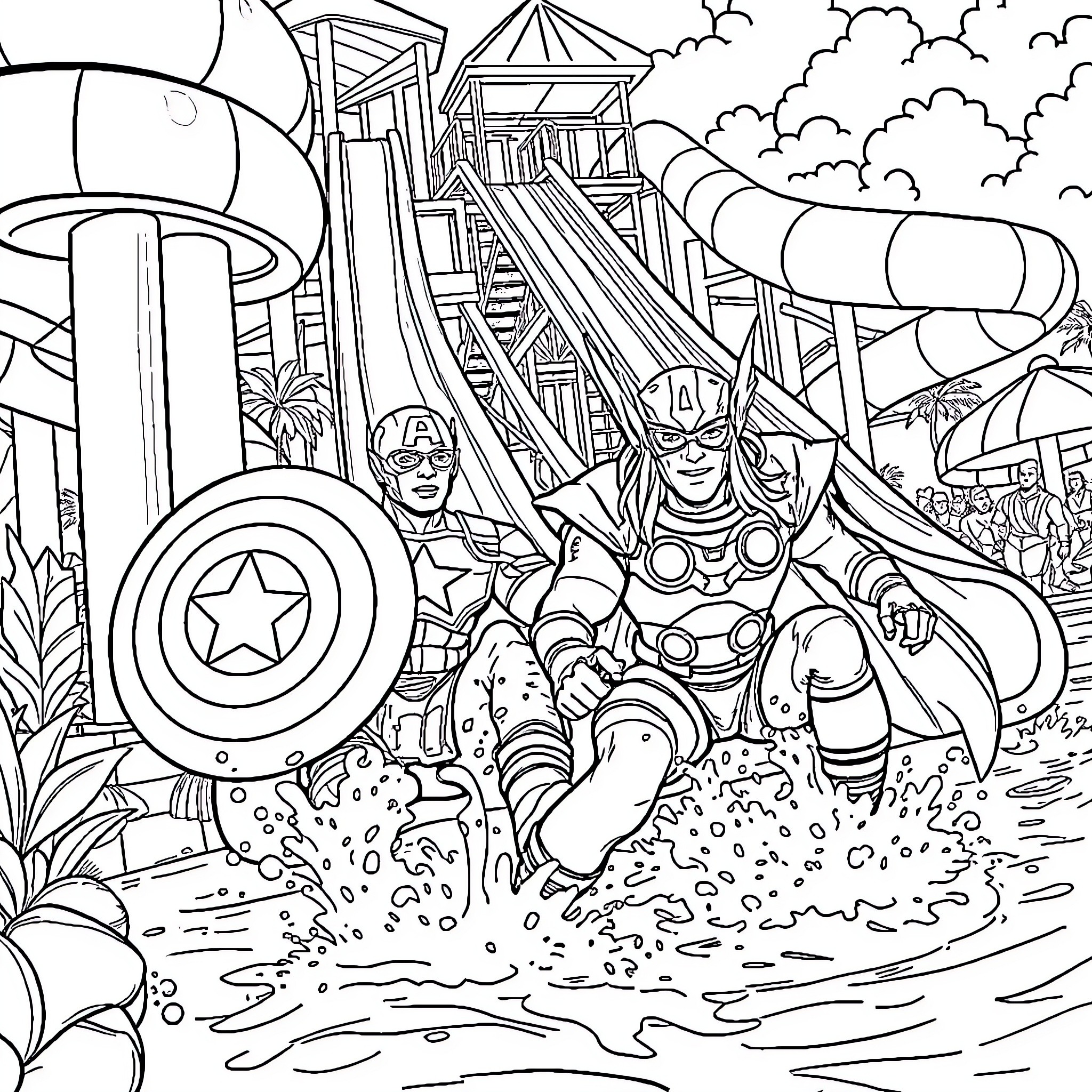 Captain America Battles Villains in Amusement Park Coloring Page (free black-and-white line drawing printable PDF for all, from beginners to advanced learners, including children, teens, adults, and seniors)