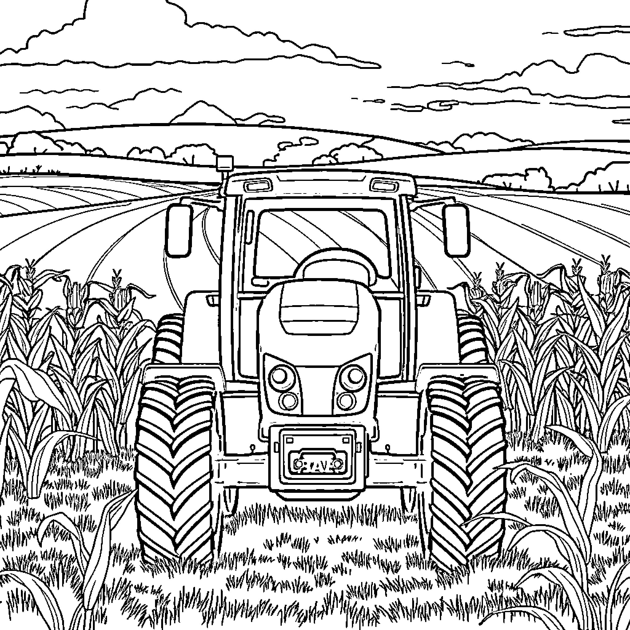 Tractor plowing through fields under cloudy skies Coloring Page (free black-and-white line drawing printable PDF for all, from beginners to advanced learners, including children, teens, adults, and seniors)