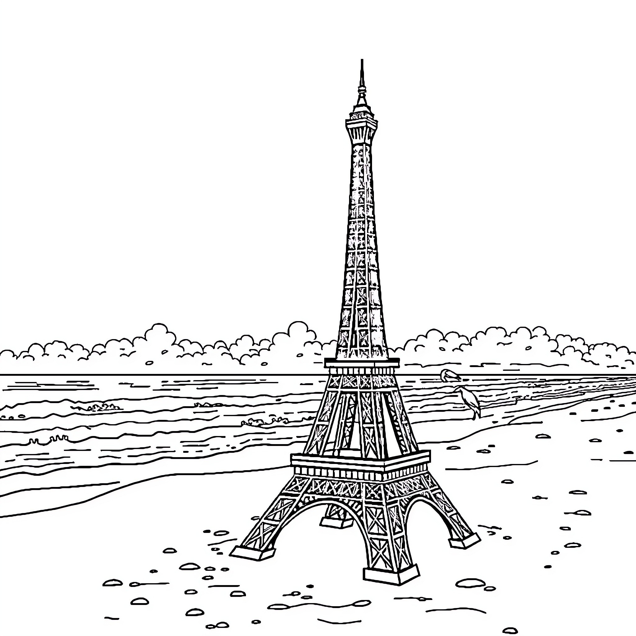 Eiffel Tower in black and white landscape Coloring Page (free black-and-white line drawing printable PDF for all, from beginners to advanced learners, including children, teens, adults, and seniors)