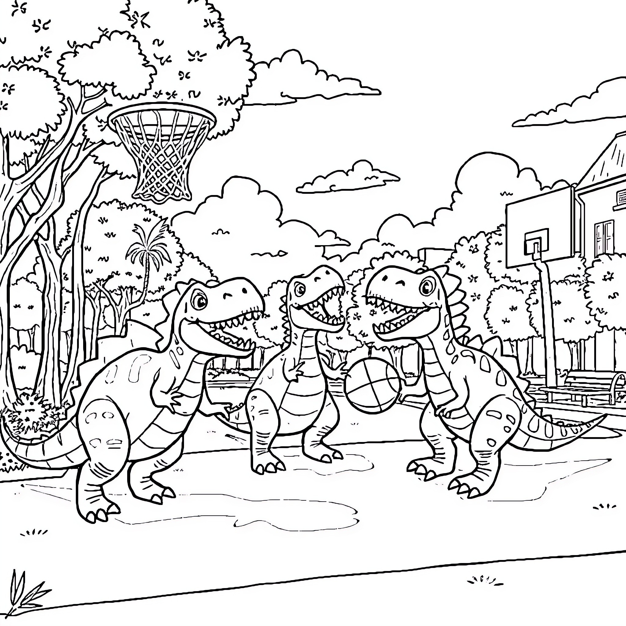 Dinosaurs playing basketball on the playground Coloring Page (free black-and-white line drawing printable PDF for all, from beginners to advanced learners, including children, teens, adults, and seniors)