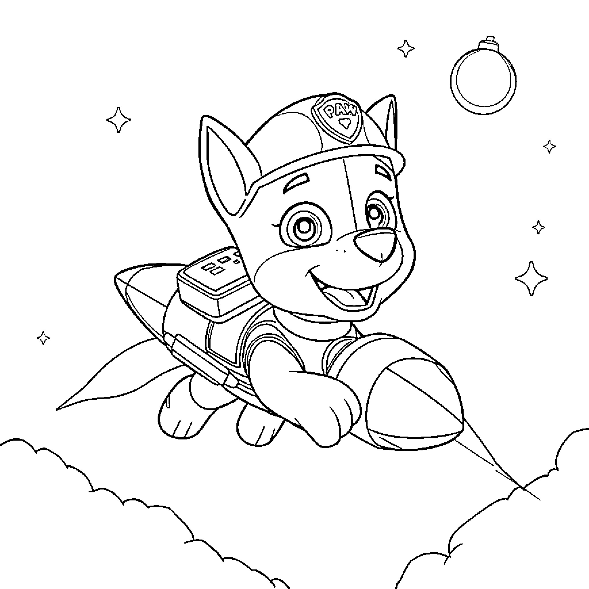 Chase the Puppy's Jetpack Adventure Coloring Page (free black-and-white line drawing printable PDF for all, from beginners to advanced learners, including children, teens, adults, and seniors)