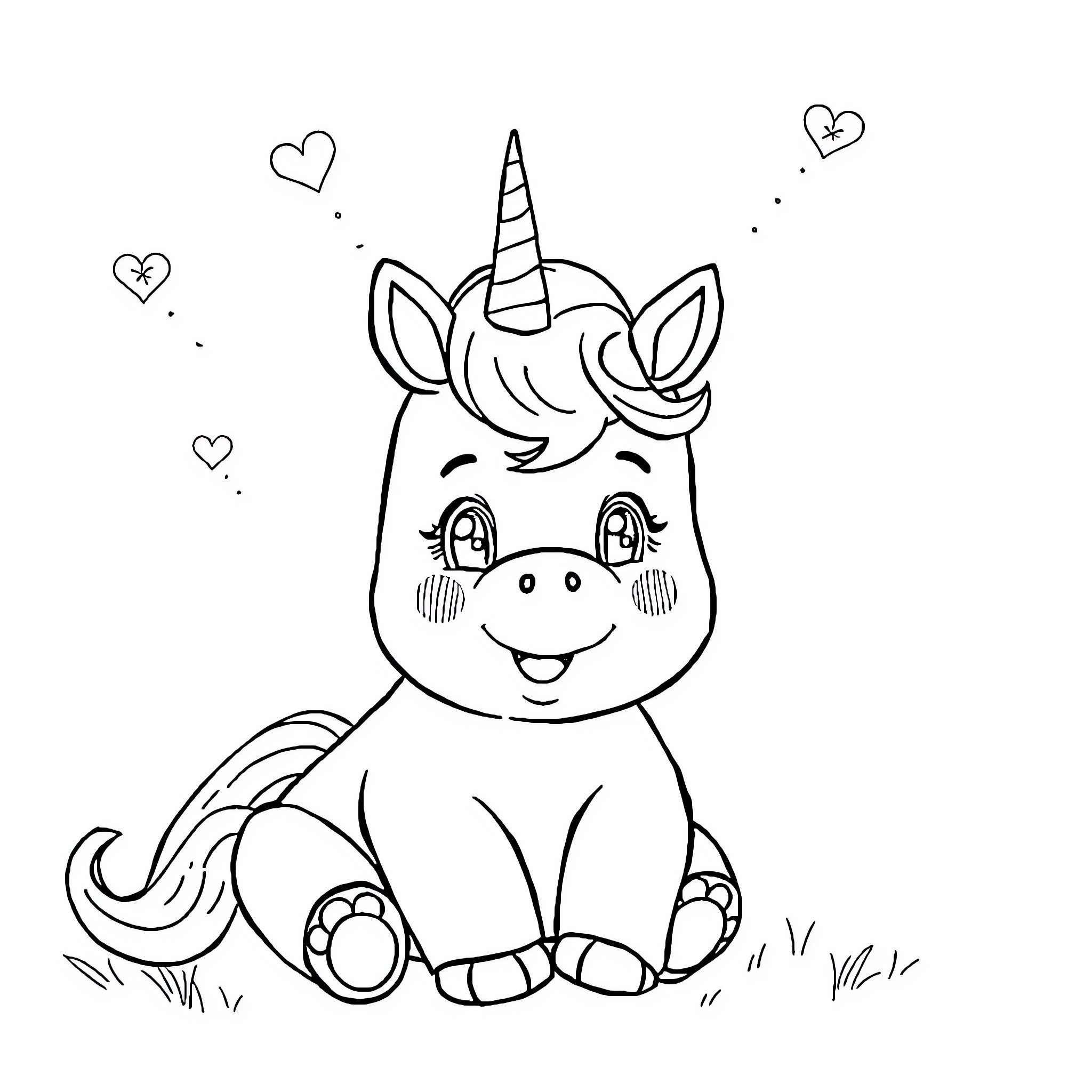 Unicorn enjoying happy playtime with hearts Coloring Page (free black-and-white line drawing printable PDF for all, from beginners to advanced learners, including children, teens, adults, and seniors)