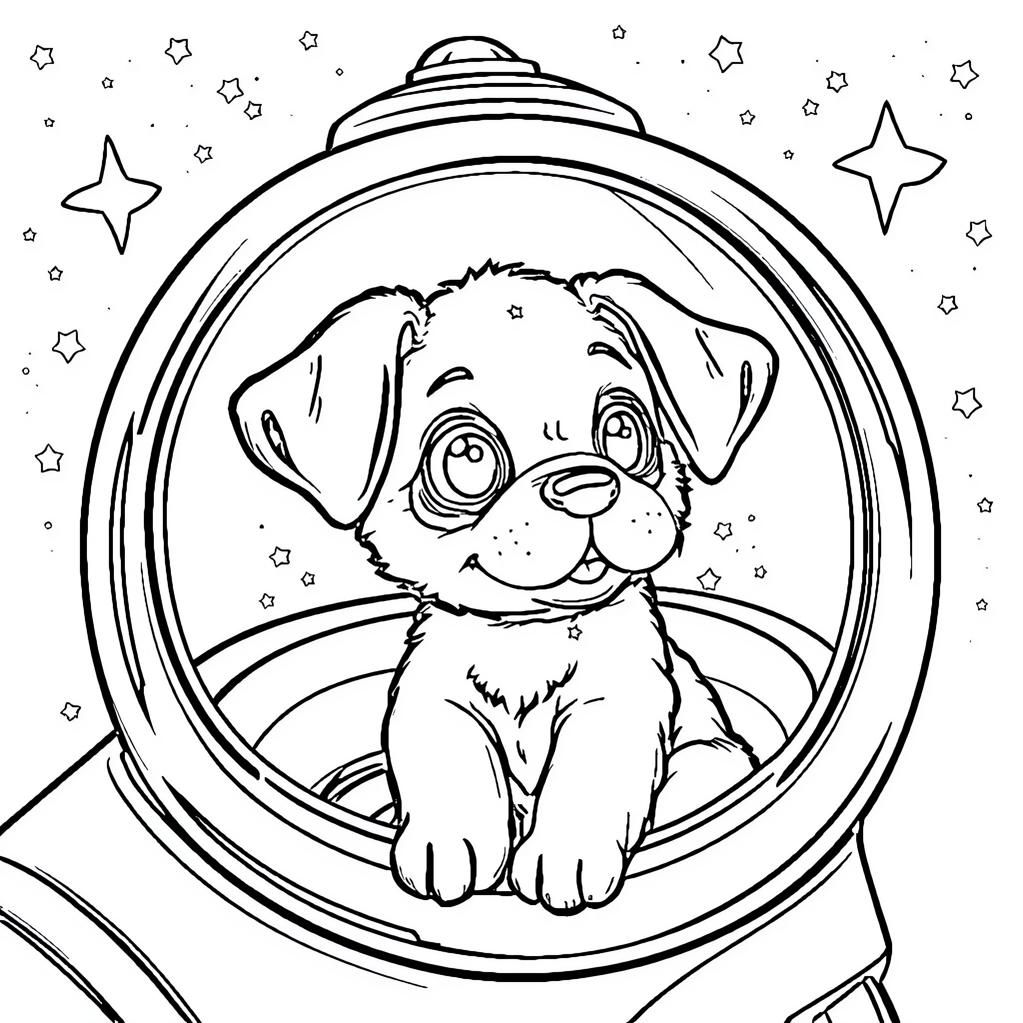Puppy in Space Helmet Coloring Page (free black-and-white line drawing printable PDF for all, from beginners to advanced learners, including children, teens, adults, and seniors)