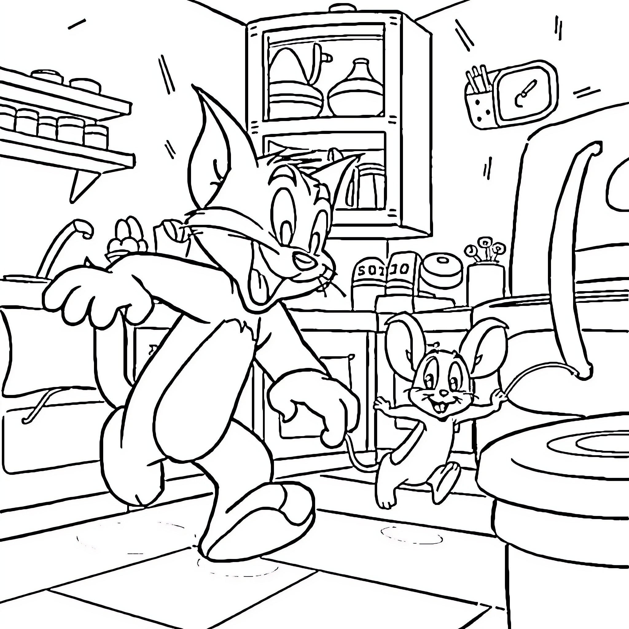 Tom and Jerry's Chaotic Kitchen Adventure Coloring Page (free black-and-white line drawing printable PDF for all, from beginners to advanced learners, including children, teens, adults, and seniors)