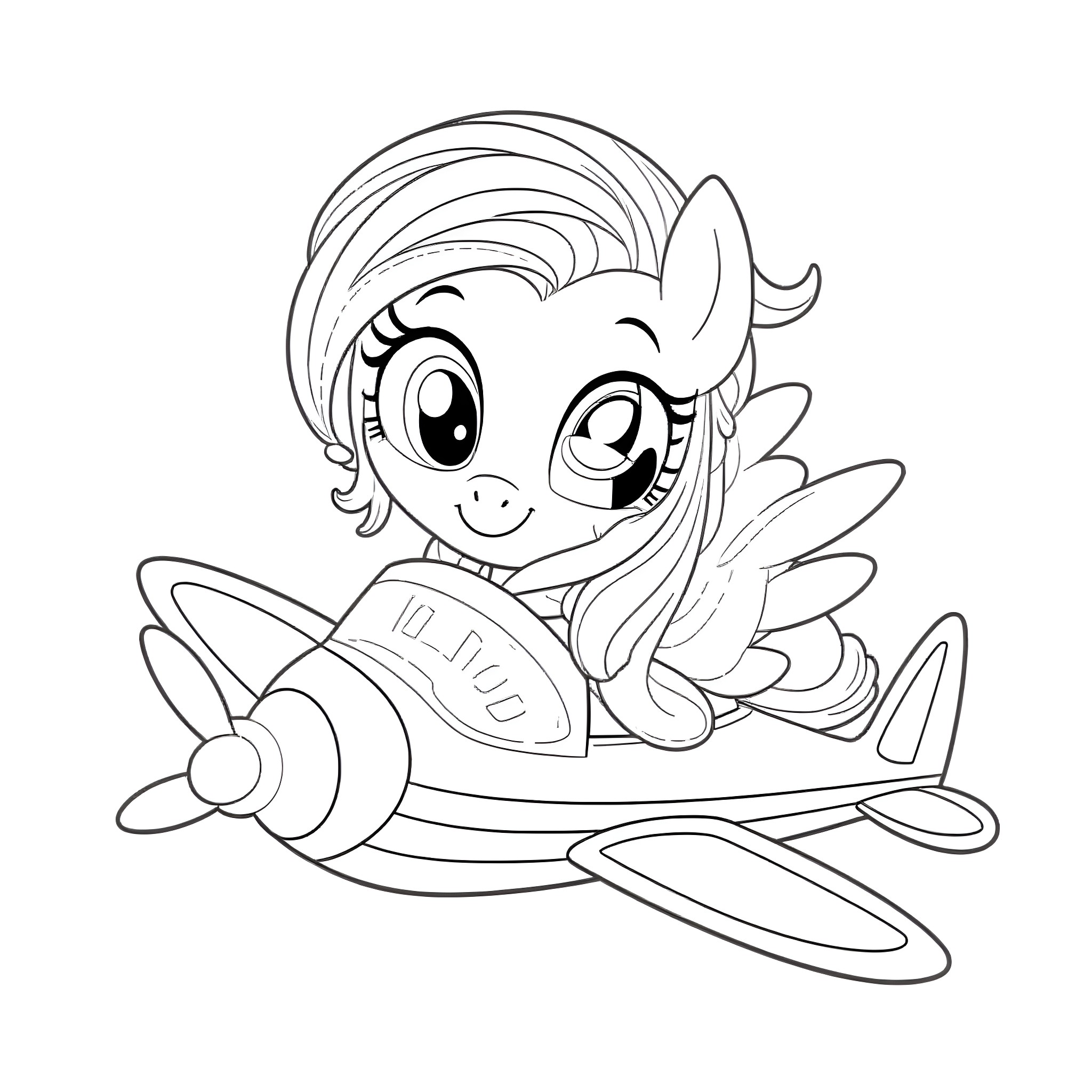 Pony flying happily in an airplane Coloring Page (free black-and-white line drawing printable PDF for all, from beginners to advanced learners, including children, teens, adults, and seniors)
