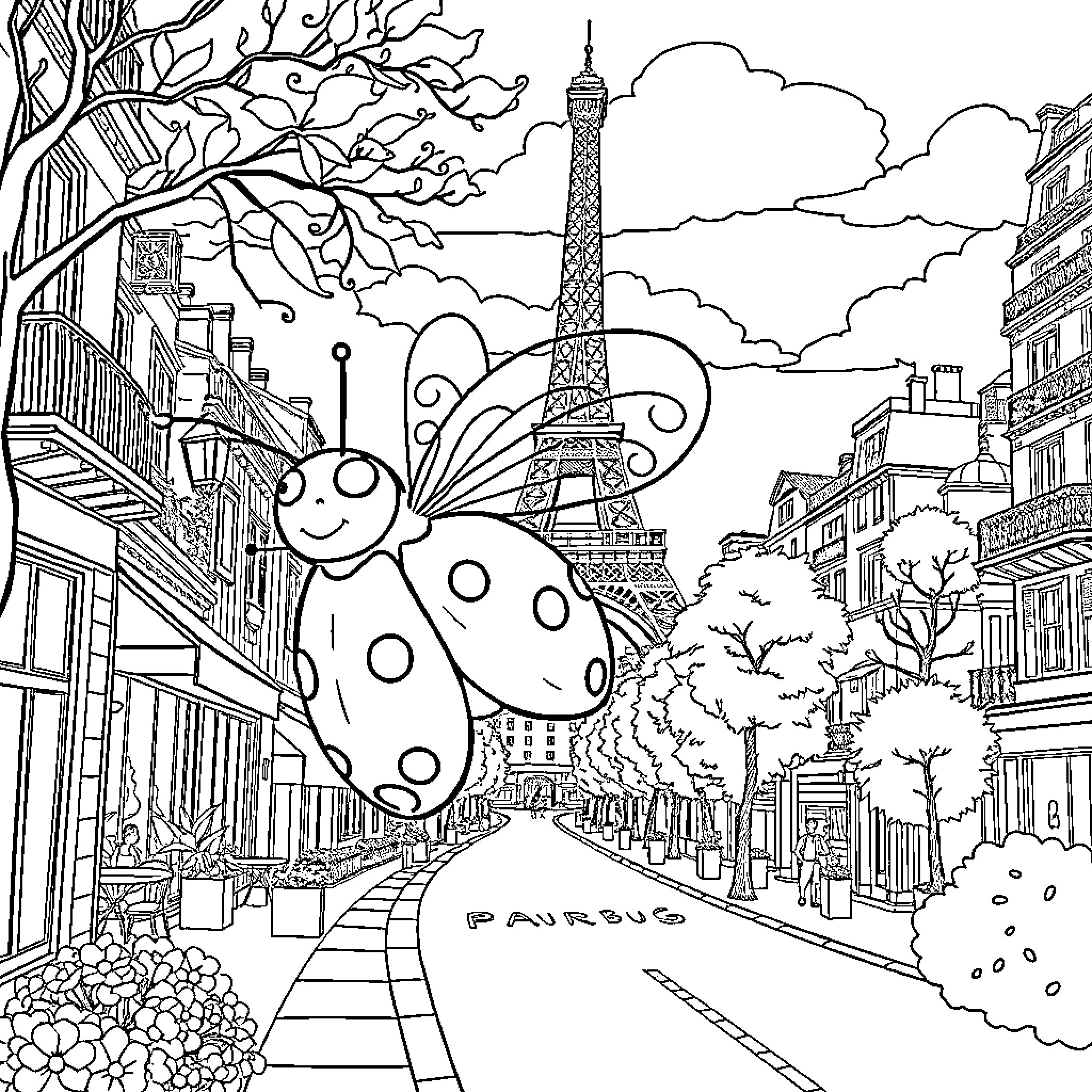 Ladybug exploring the streets of Paris Coloring Page (free black-and-white line drawing printable PDF for all, from beginners to advanced learners, including children, teens, adults, and seniors)