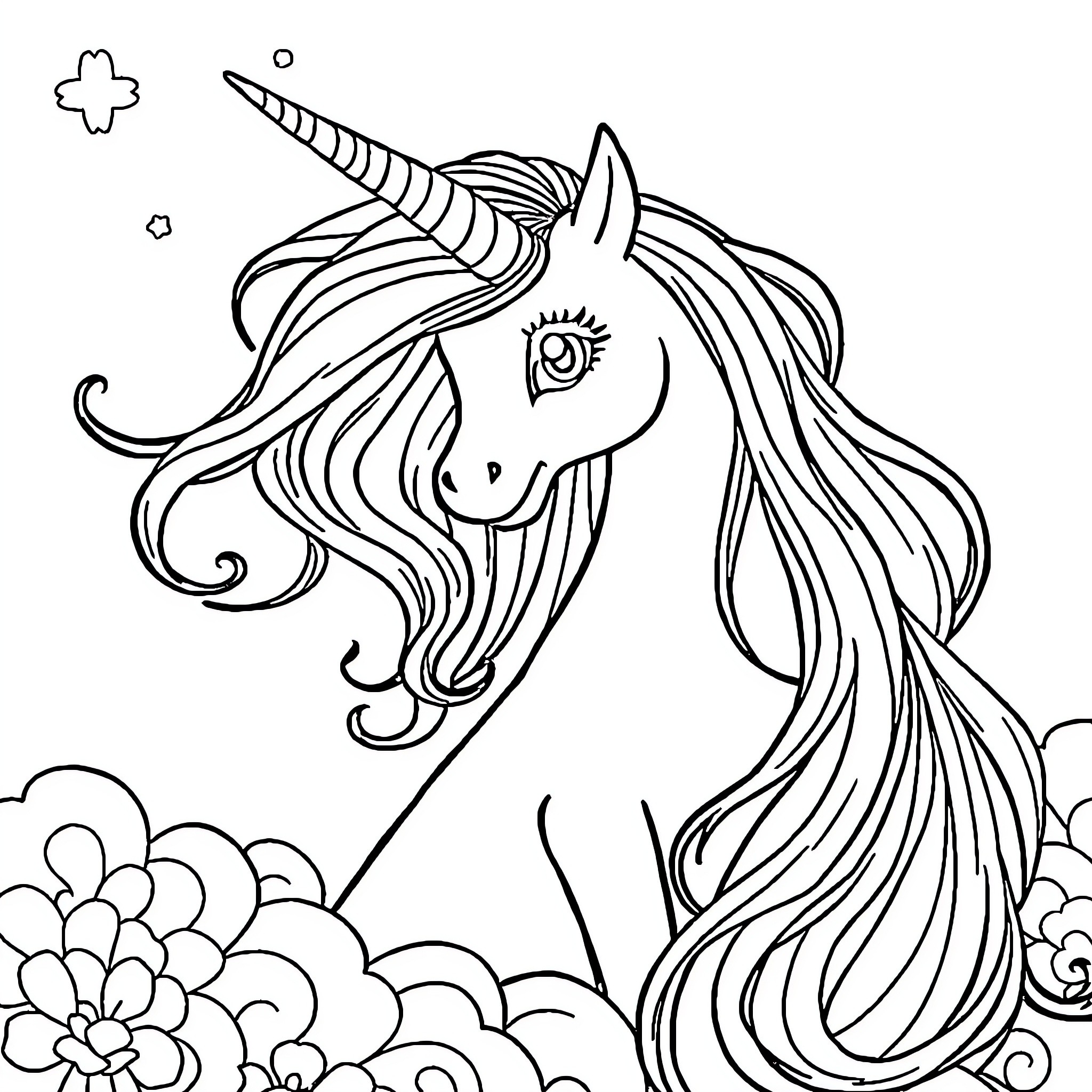 Unicorn with flowing mane and magical flowers Coloring Page (free black-and-white line drawing printable PDF for all, from beginners to advanced learners, including children, teens, adults, and seniors)