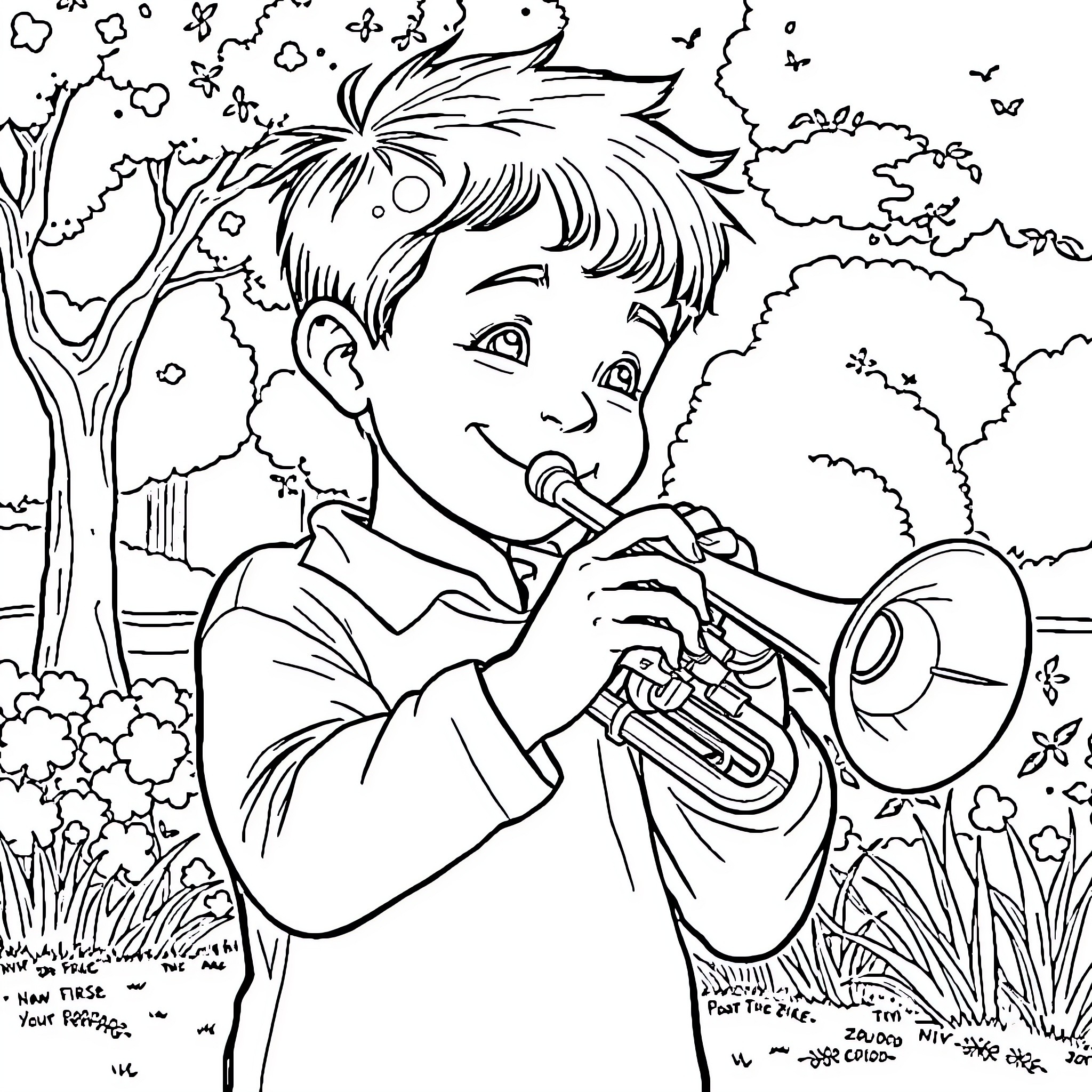 Kid playing happily with trumpet in nature Coloring Page (free black-and-white line drawing printable PDF for all, from beginners to advanced learners, including children, teens, adults, and seniors)