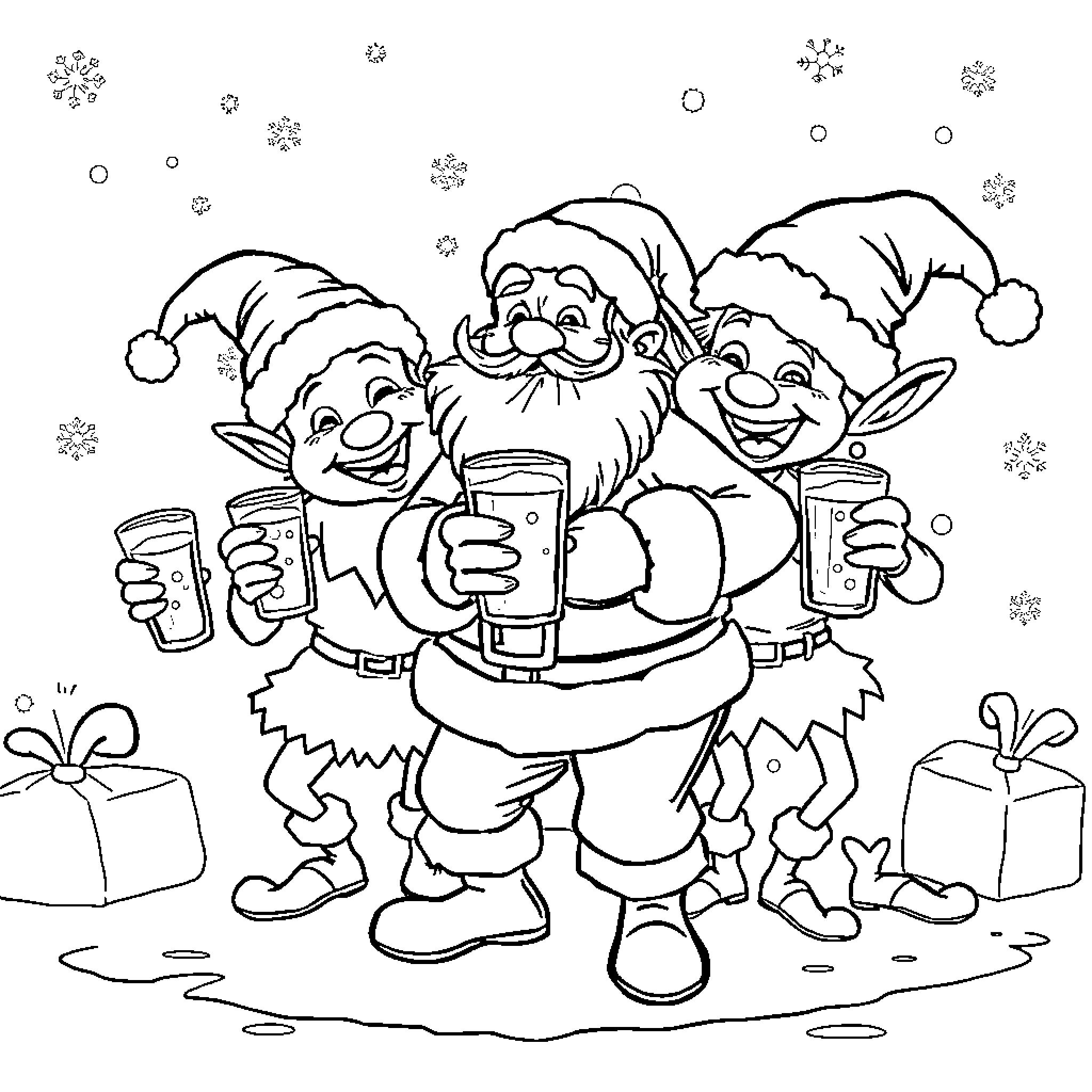 Christmas Characters Celebrating with Drinks Coloring Page (free black-and-white line drawing printable PDF for all, from beginners to advanced learners, including children, teens, adults, and seniors)