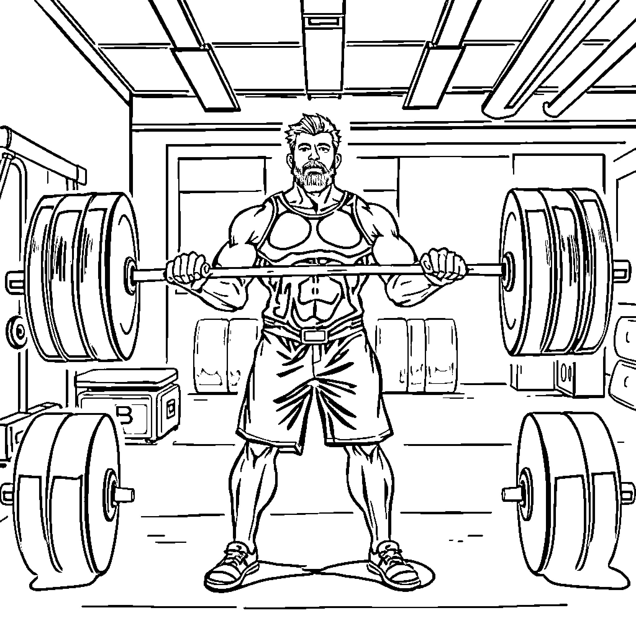 Weightlifting in the Gym Coloring Page (free black-and-white line drawing printable PDF for all, from beginners to advanced learners, including children, teens, adults, and seniors)
