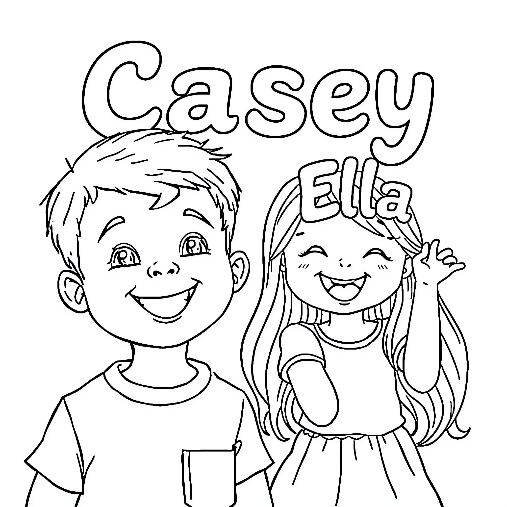 Boy and Girl Smiling Happily Together Coloring Page (free black-and-white line drawing printable PDF for all, from beginners to advanced learners, including children, teens, adults, and seniors)
