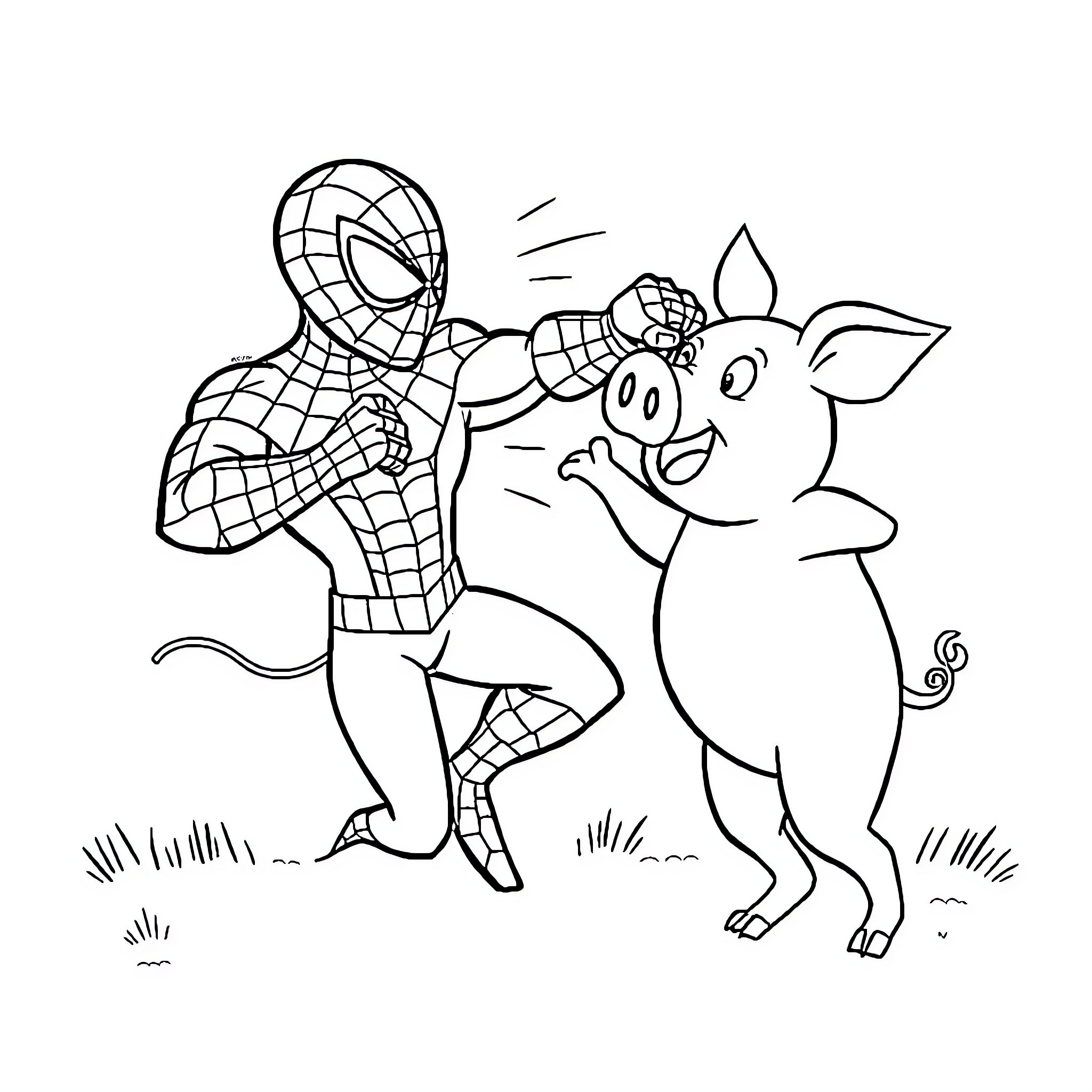 Spiderman interacting with a playful pig Coloring Page (free black-and-white line drawing printable PDF for all, from beginners to advanced learners, including children, teens, adults, and seniors)