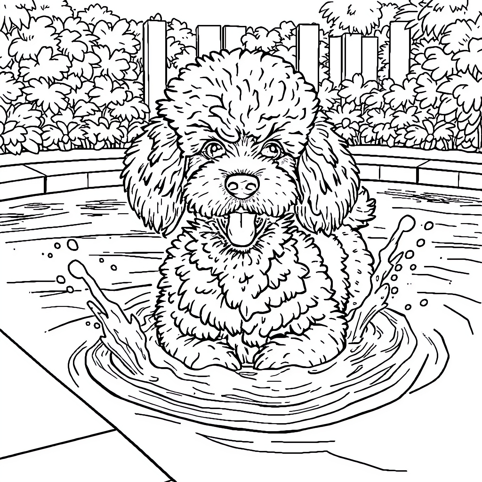 Poodle enjoying a refreshing dip in the pool Coloring Page (free black-and-white line drawing printable PDF for all, from beginners to advanced learners, including children, teens, adults, and seniors)