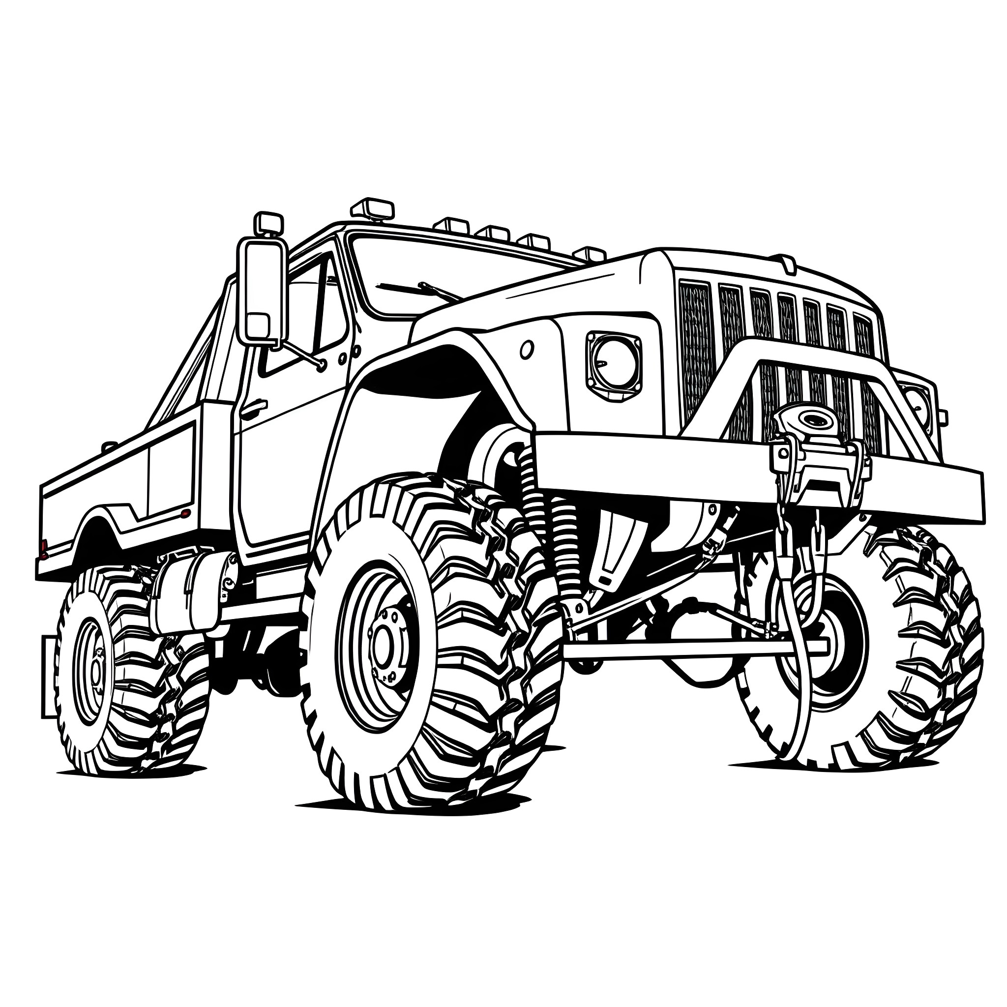 Wrecker Truck Assisting in Off-Road Recovery Coloring Page (free black-and-white line drawing printable PDF for all, from beginners to advanced learners, including children, teens, adults, and seniors)