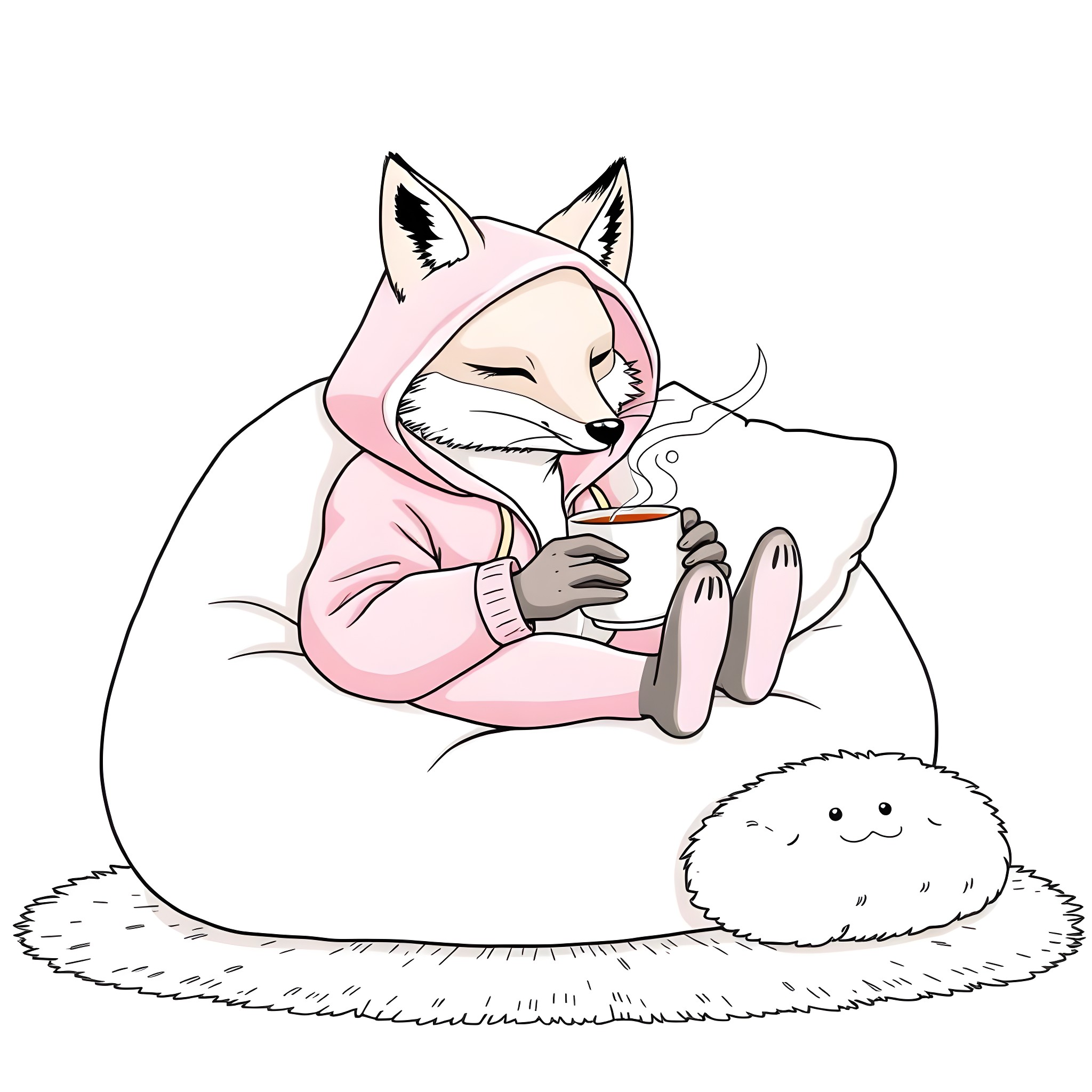 Fox enjoying a warm beverage in cozy surroundings Coloring Page (free black-and-white line drawing printable PDF for all, from beginners to advanced learners, including children, teens, adults, and seniors)