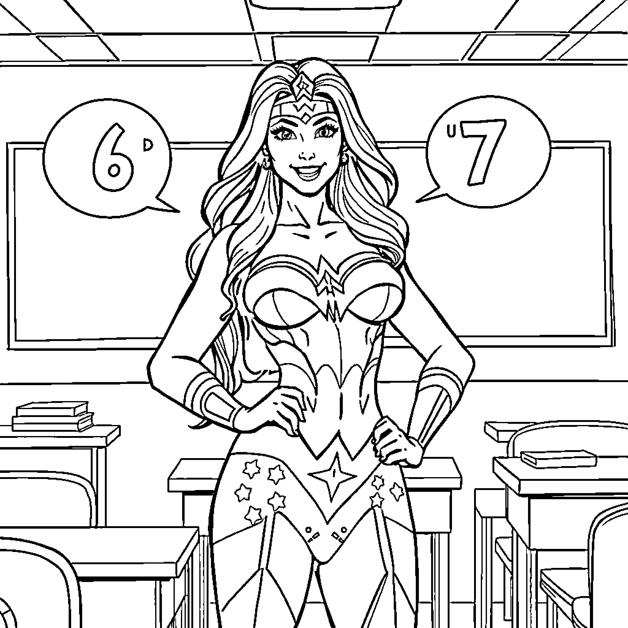 Wonder Woman Posing Confidently in a Classroom Setting Coloring Page (free black-and-white line drawing printable PDF for all, from beginners to advanced learners, including children, teens, adults, and seniors)