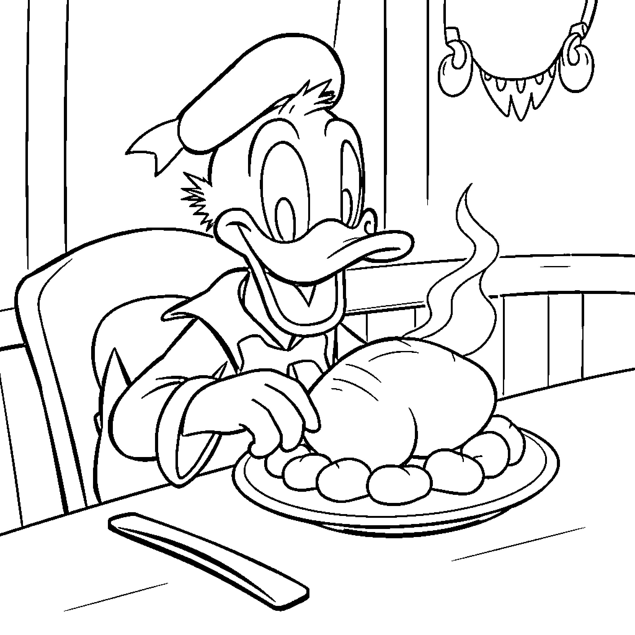 Donald Duck enjoying a cooked meal in his kitchen Coloring Page (free black-and-white line drawing printable PDF for all, from beginners to advanced learners, including children, teens, adults, and seniors)