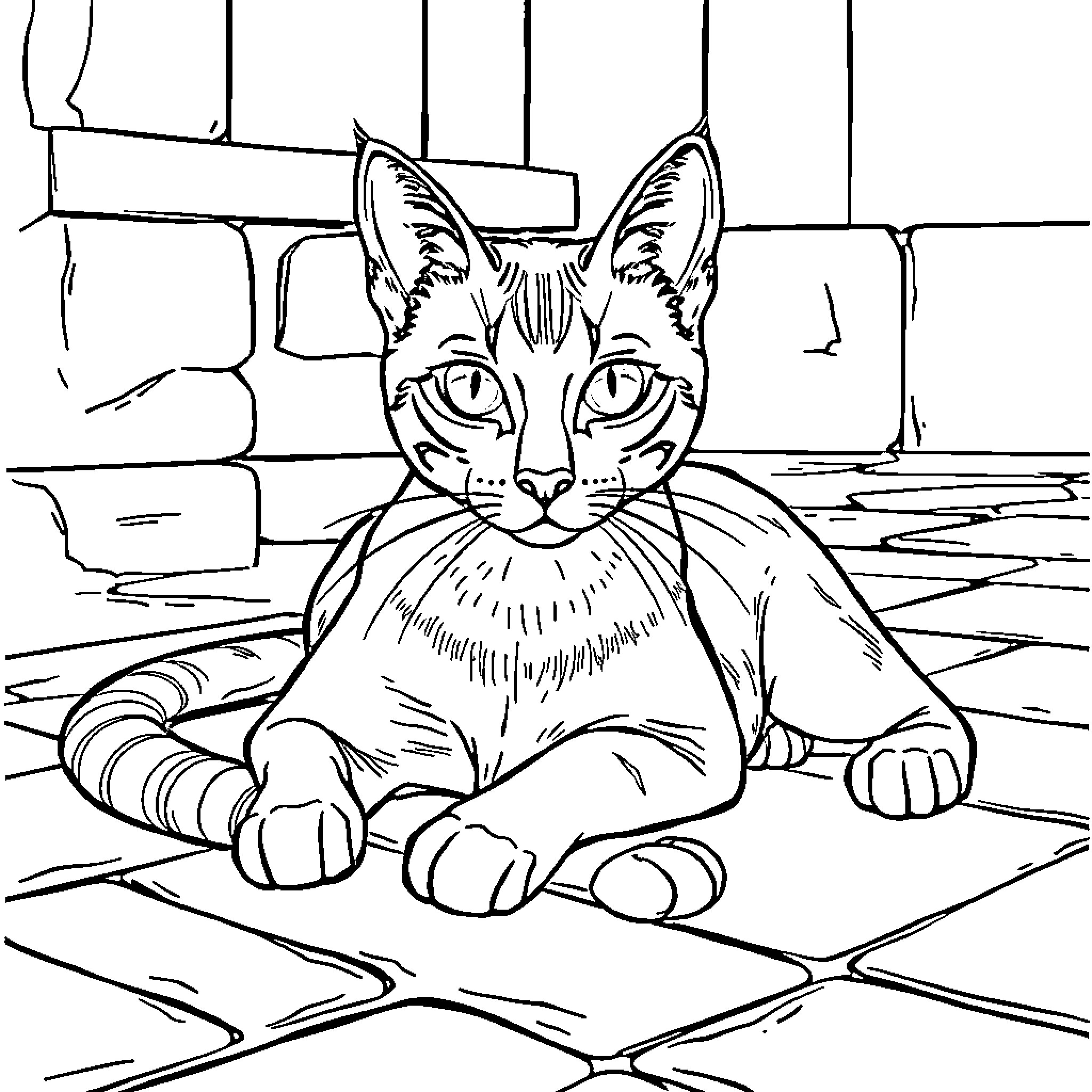 Egyptian Cat Resting Peacefully in Courtyard Coloring Page (free black-and-white line drawing printable PDF for all, from beginners to advanced learners, including children, teens, adults, and seniors)