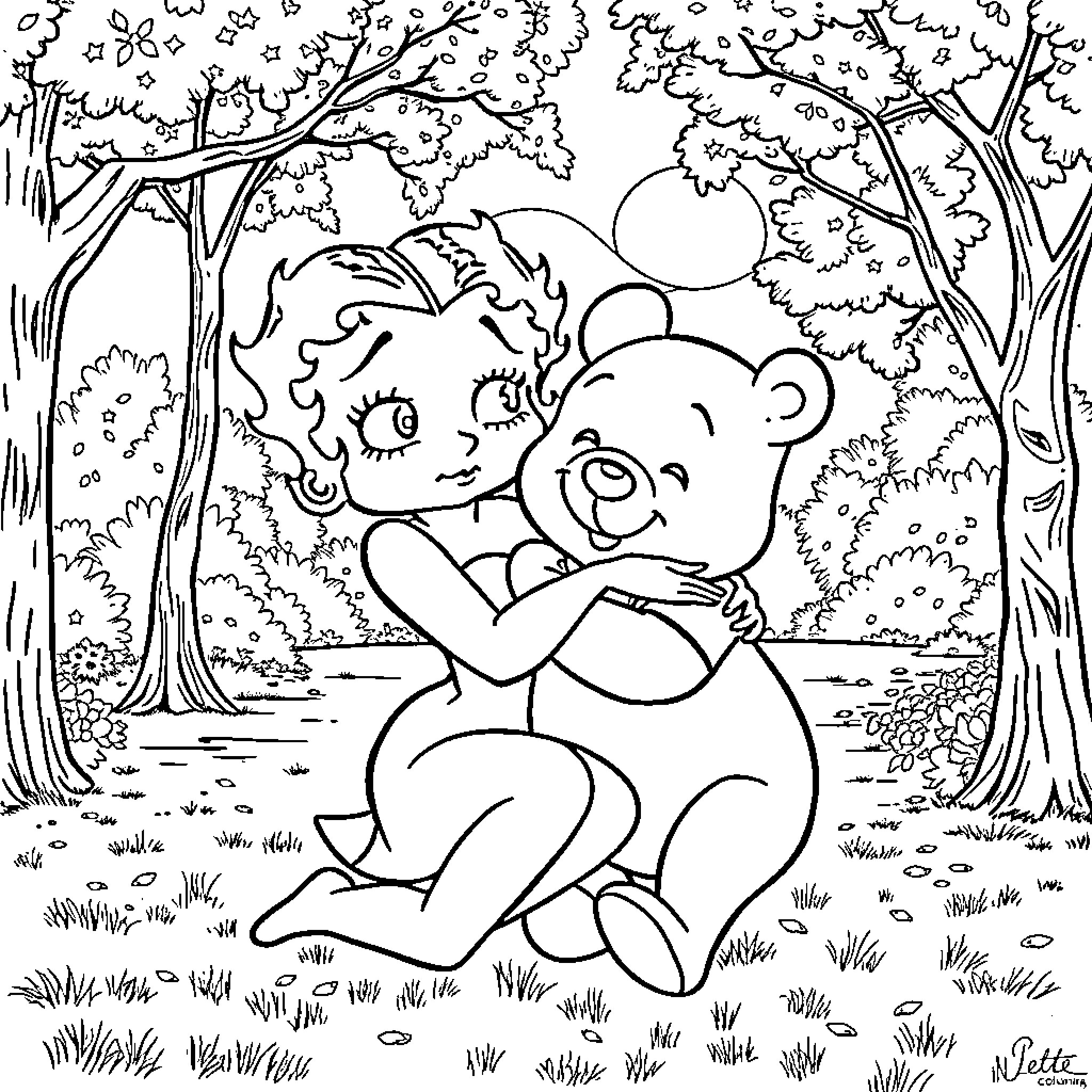 Betty Boop embracing a teddy bear in a forest Coloring Page (free black-and-white line drawing printable PDF for all, from beginners to advanced learners, including children, teens, adults, and seniors)