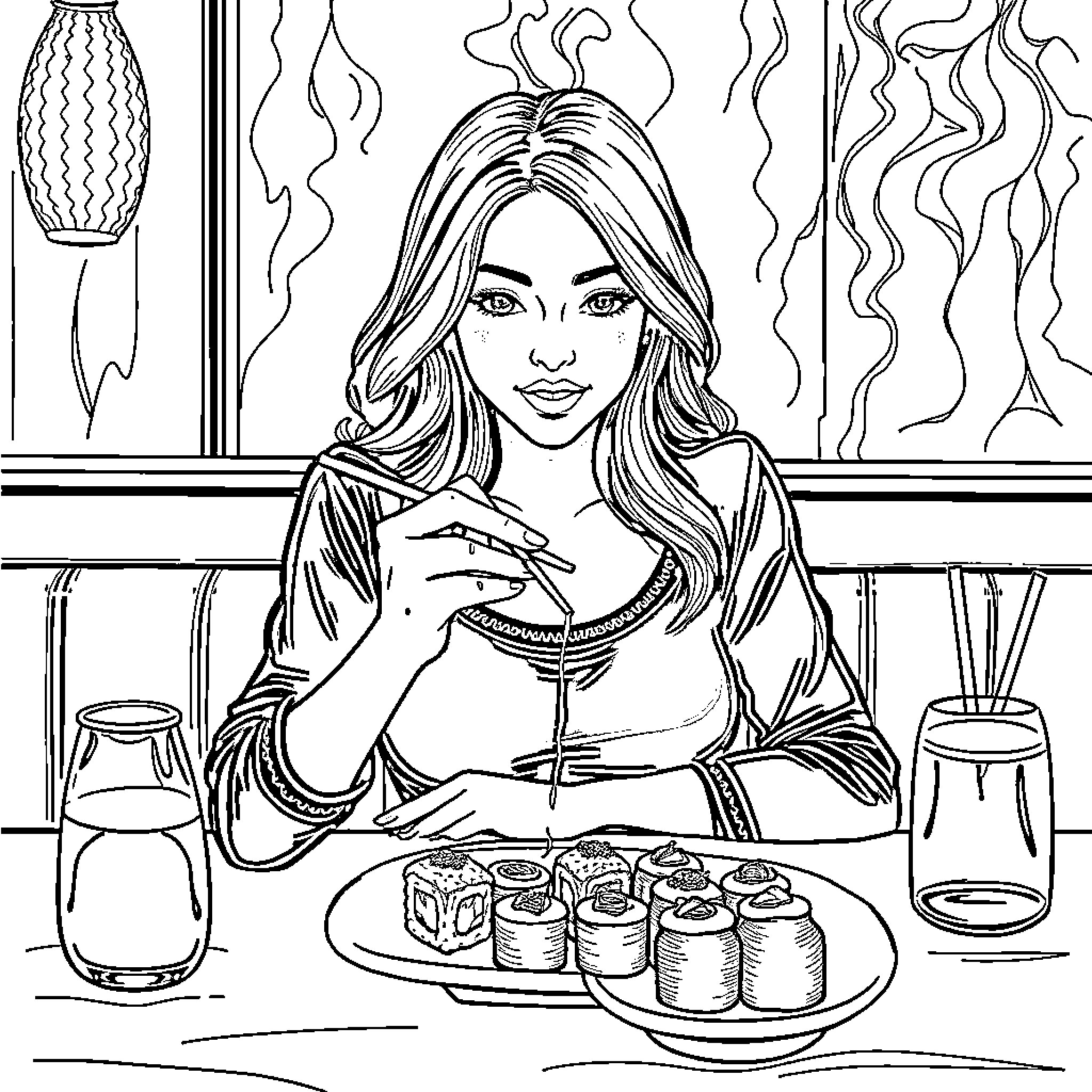 Woman enjoying sushi in a cozy cafe Coloring Page (free black-and-white line drawing printable PDF for all, from beginners to advanced learners, including children, teens, adults, and seniors)