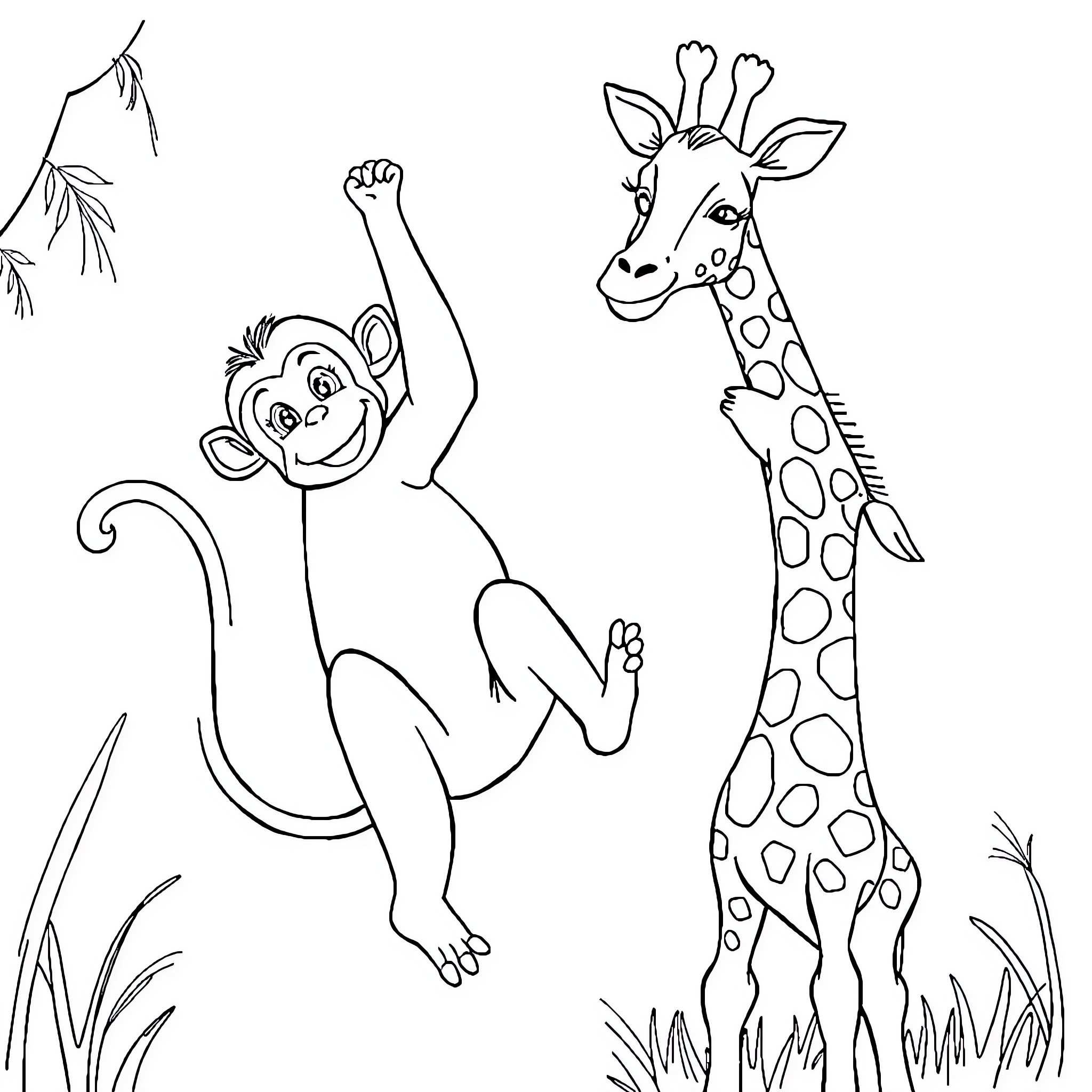 Monkey and Giraffe Playfully Exploring the Wilderness Coloring Page (free black-and-white line drawing printable PDF for all, from beginners to advanced learners, including children, teens, adults, and seniors)