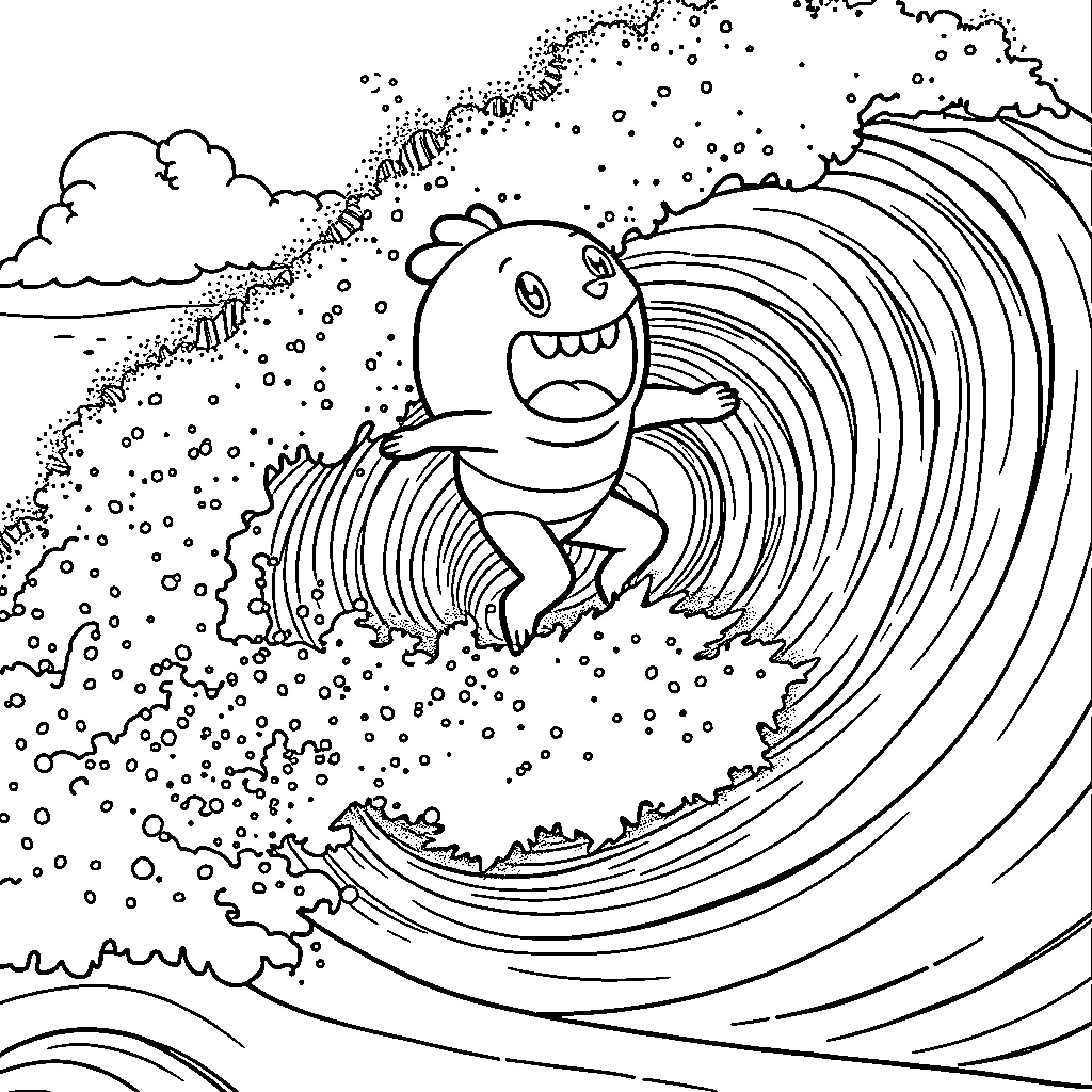 Labubu's Thrilling Wave Ride Coloring Page (free black-and-white line drawing printable PDF for all, from beginners to advanced learners, including children, teens, adults, and seniors)
