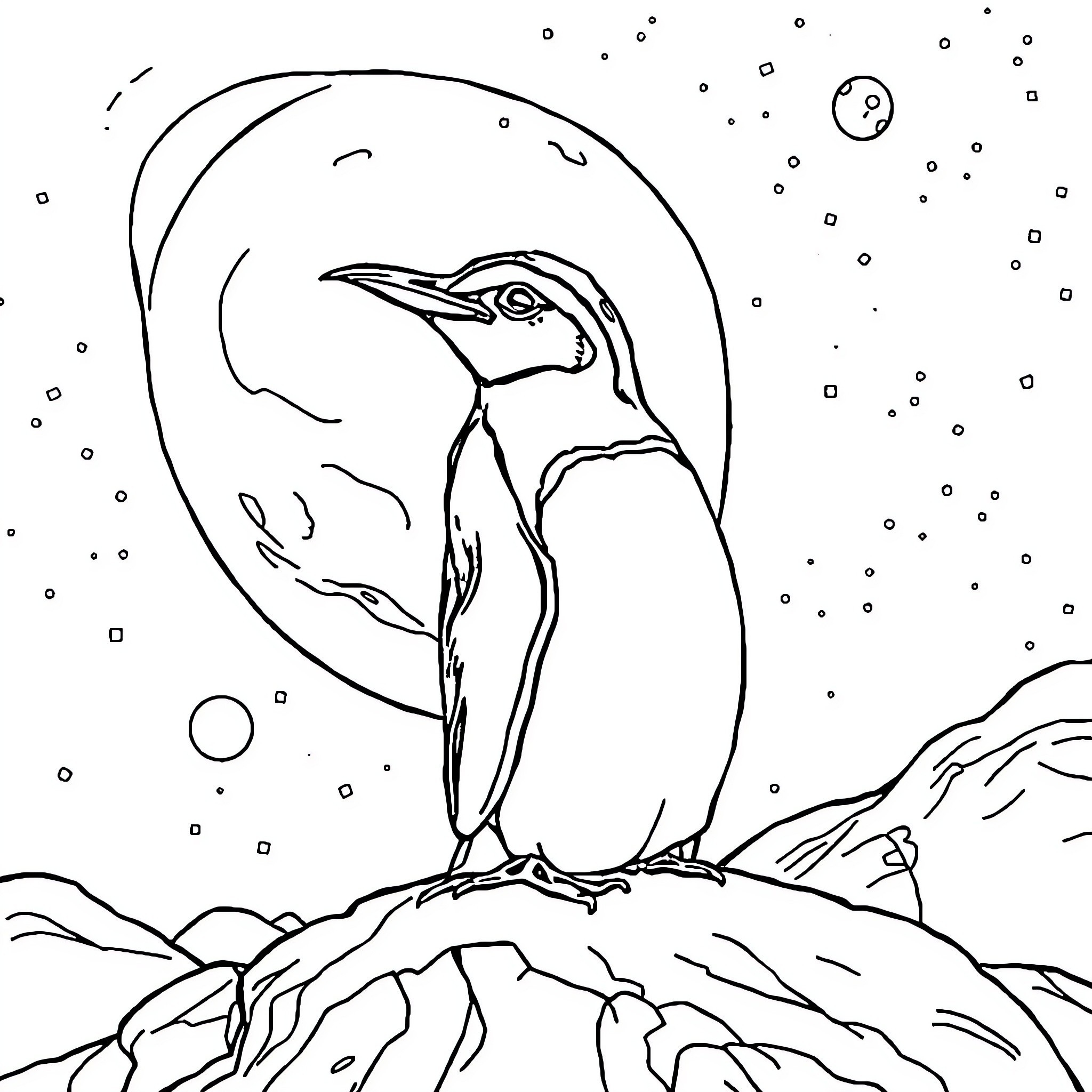 Penguin admiring the moon on a starry night Coloring Page (free black-and-white line drawing printable PDF for all, from beginners to advanced learners, including children, teens, adults, and seniors)