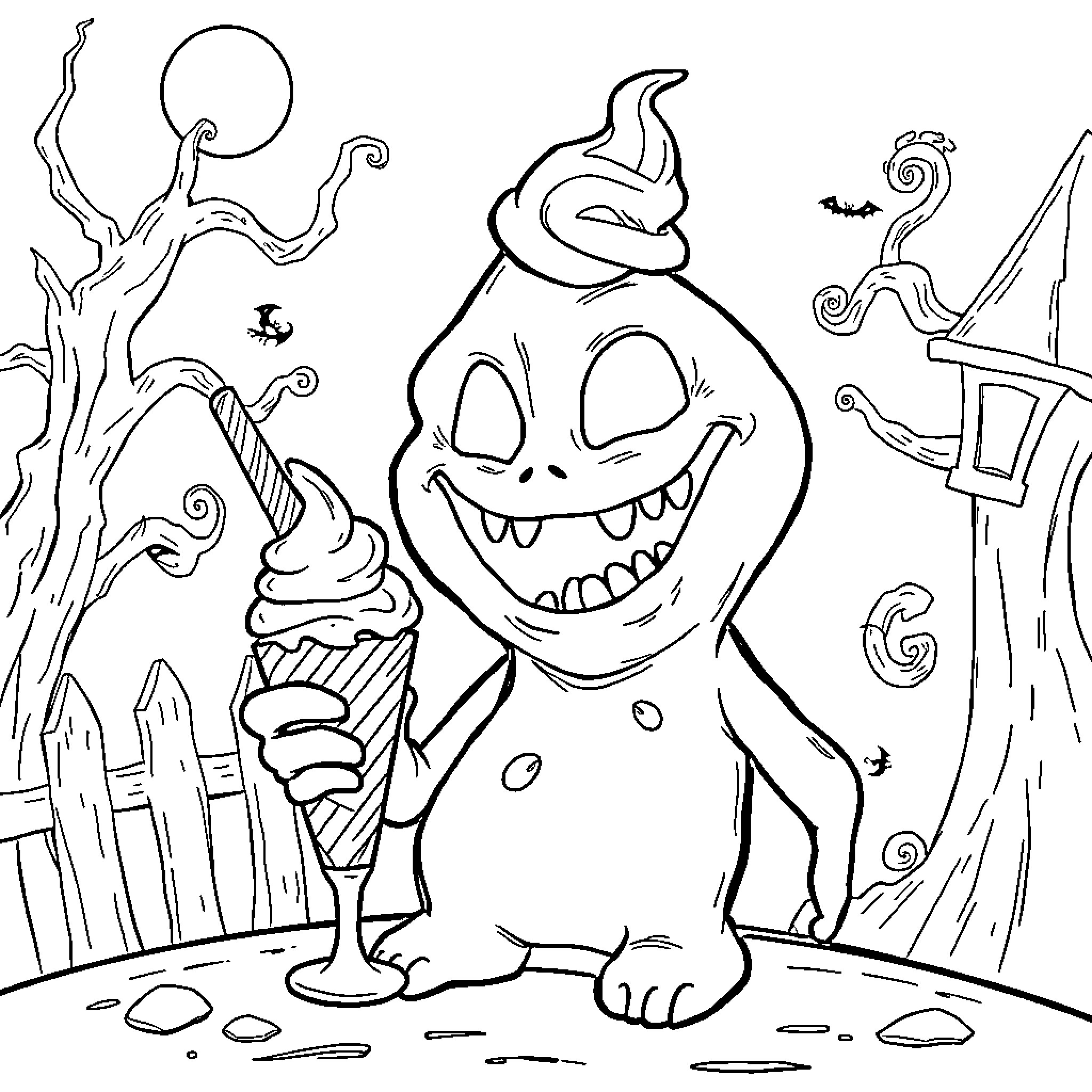 Oogie Boogie's Spooky Delight: A Creepy Creature and His Icy Treat Coloring Page (free black-and-white line drawing printable PDF for all, from beginners to advanced learners, including children, teens, adults, and seniors)