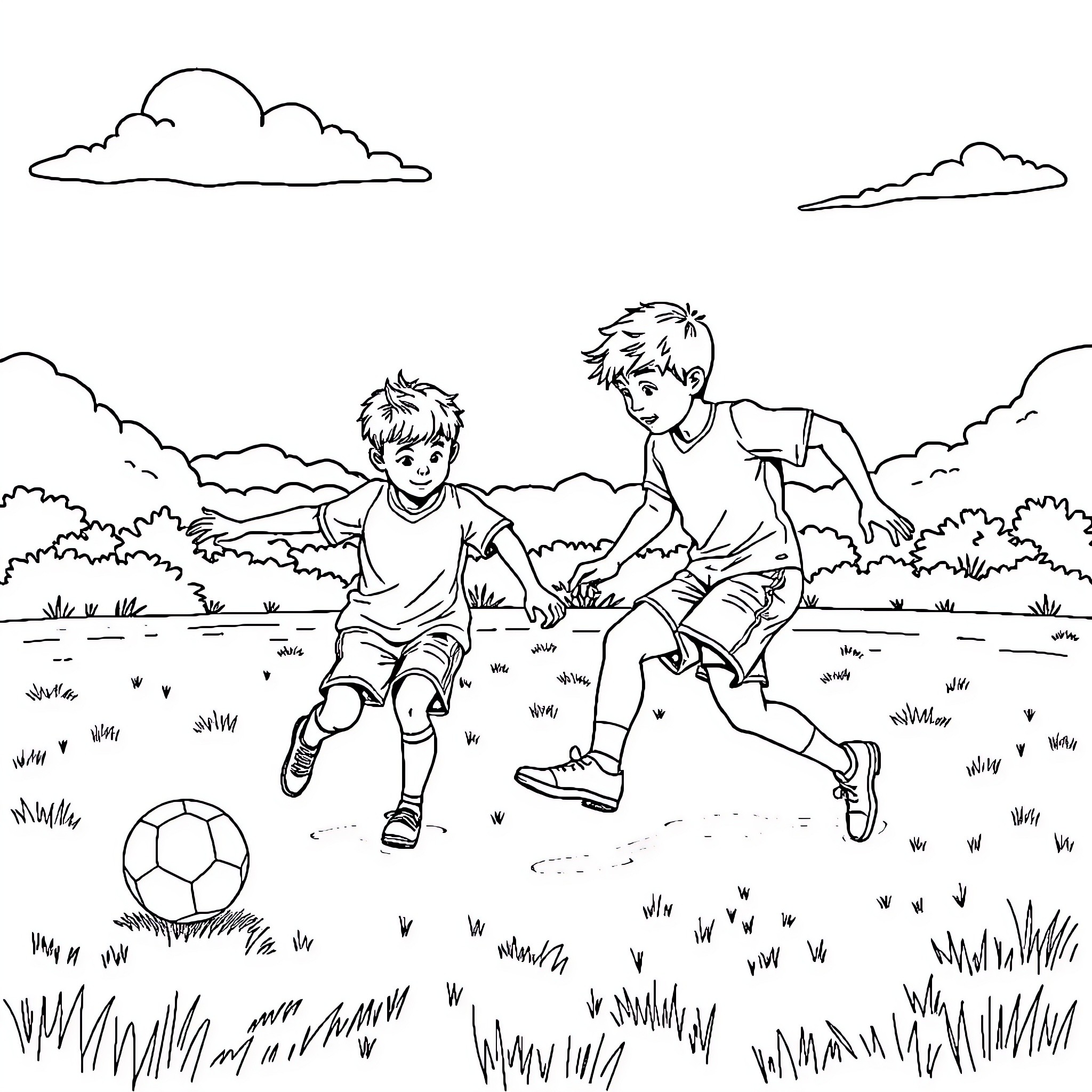 Boys playing soccer in the park Coloring Page (free black-and-white line drawing printable PDF for all, from beginners to advanced learners, including children, teens, adults, and seniors)