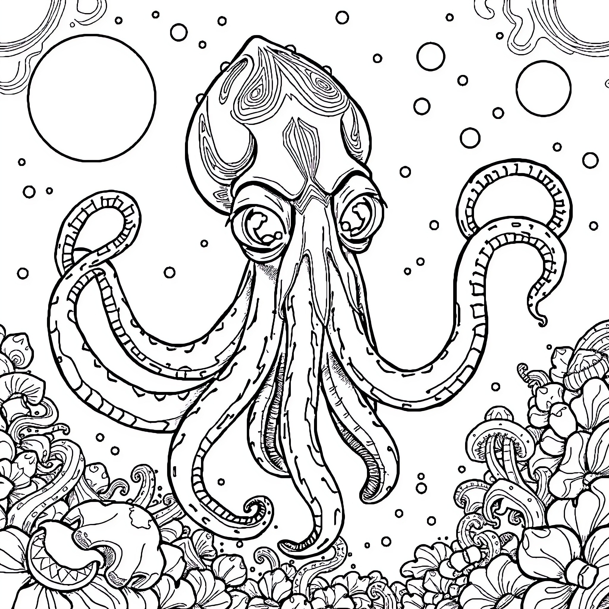 Splatoon: Underwater Octopus Adventure Coloring Page (free black-and-white line drawing printable PDF for all, from beginners to advanced learners, including children, teens, adults, and seniors)