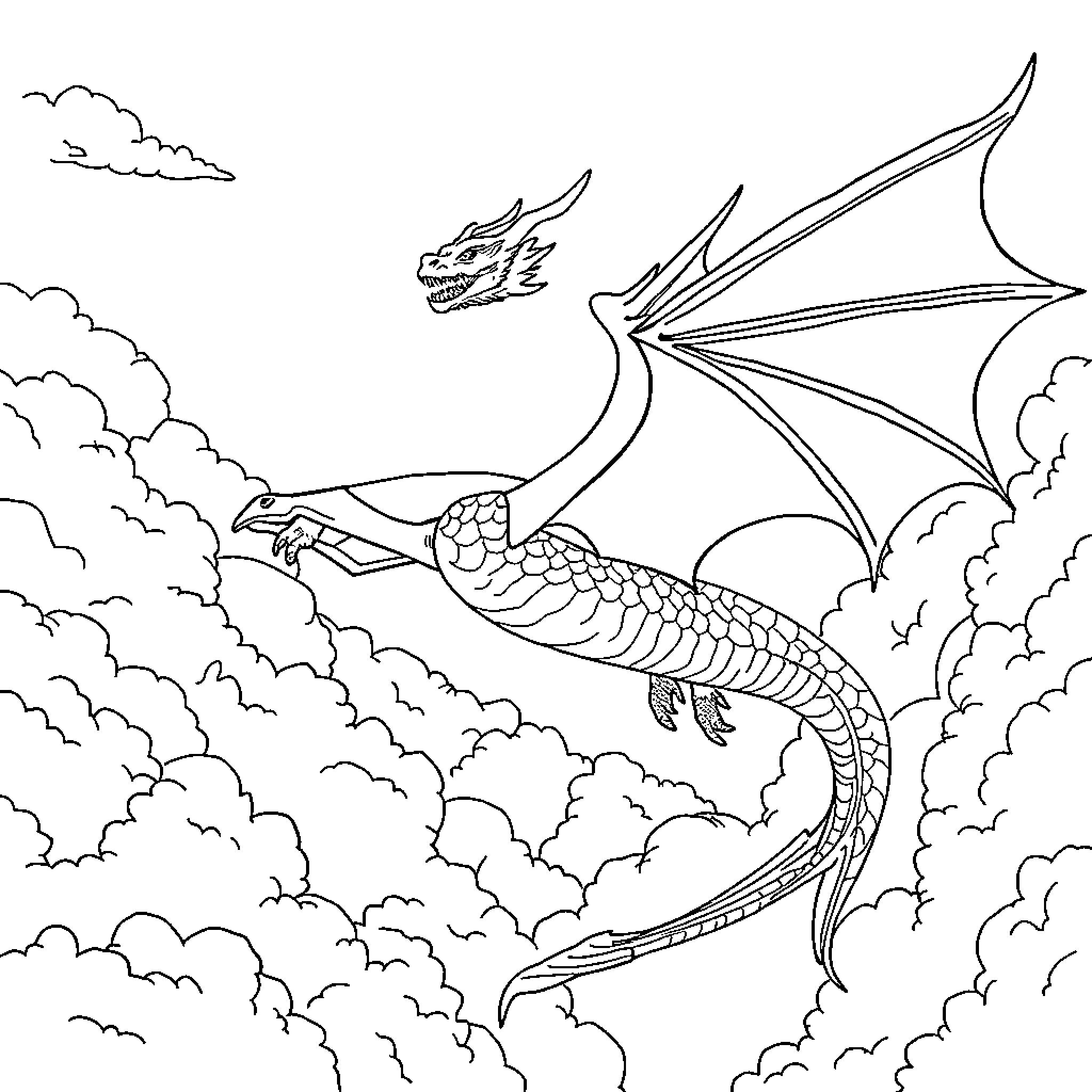 Dragon soaring through the cloudy skies Coloring Page (free black-and-white line drawing printable PDF for all, from beginners to advanced learners, including children, teens, adults, and seniors)