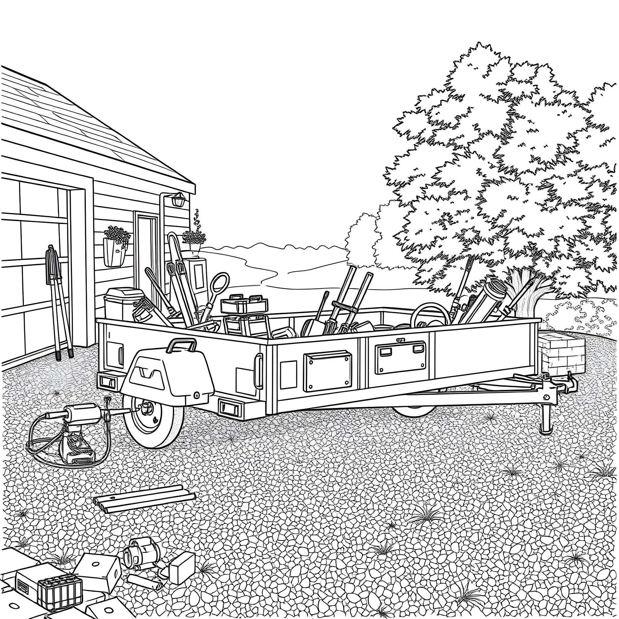 Utility Trailer Carrying Various Tools and Equipment Coloring Page (free black-and-white line drawing printable PDF for all, from beginners to advanced learners, including children, teens, adults, and seniors)