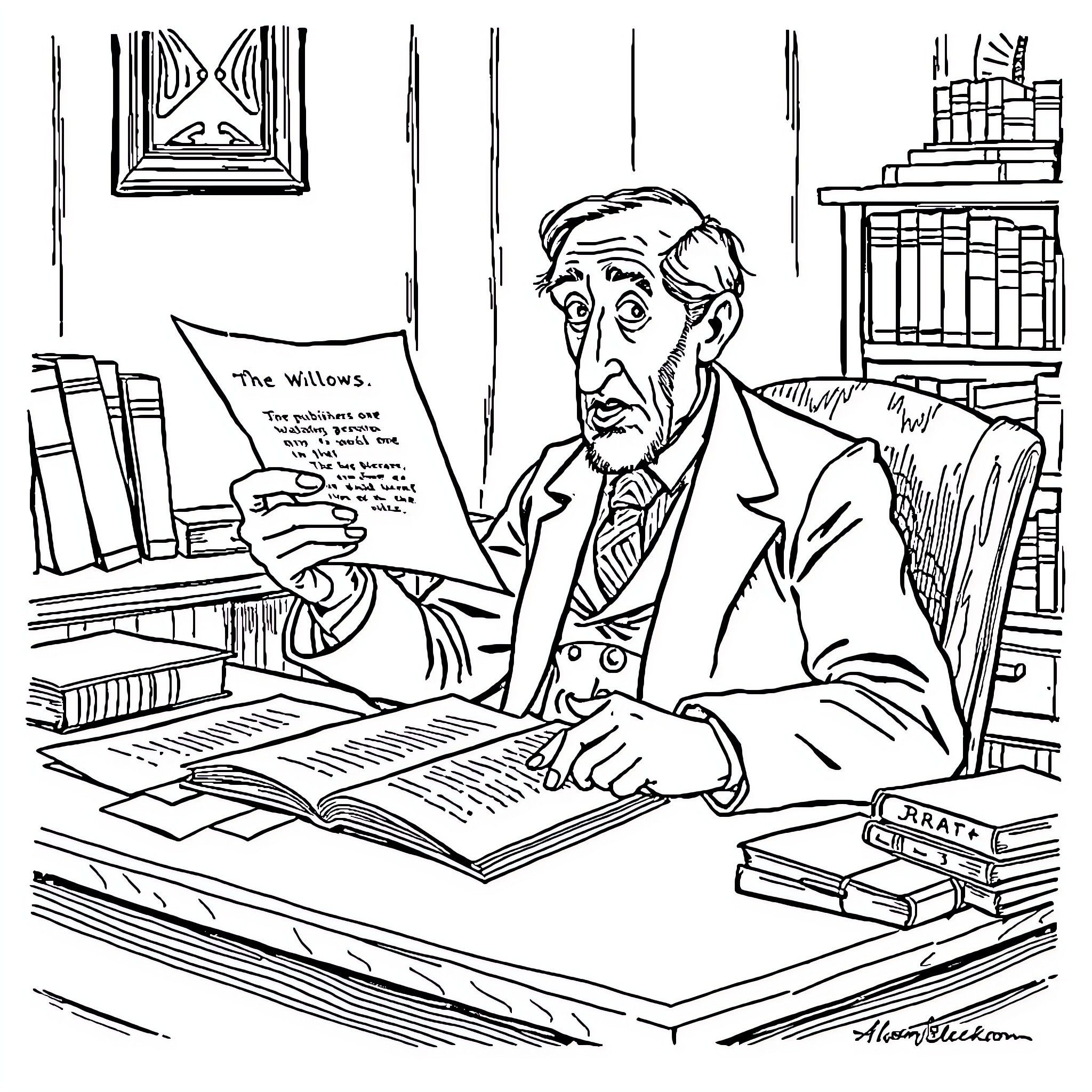 Algernon Blackwood at work in his study Coloring Page (free black-and-white line drawing printable PDF for all, from beginners to advanced learners, including children, teens, adults, and seniors)