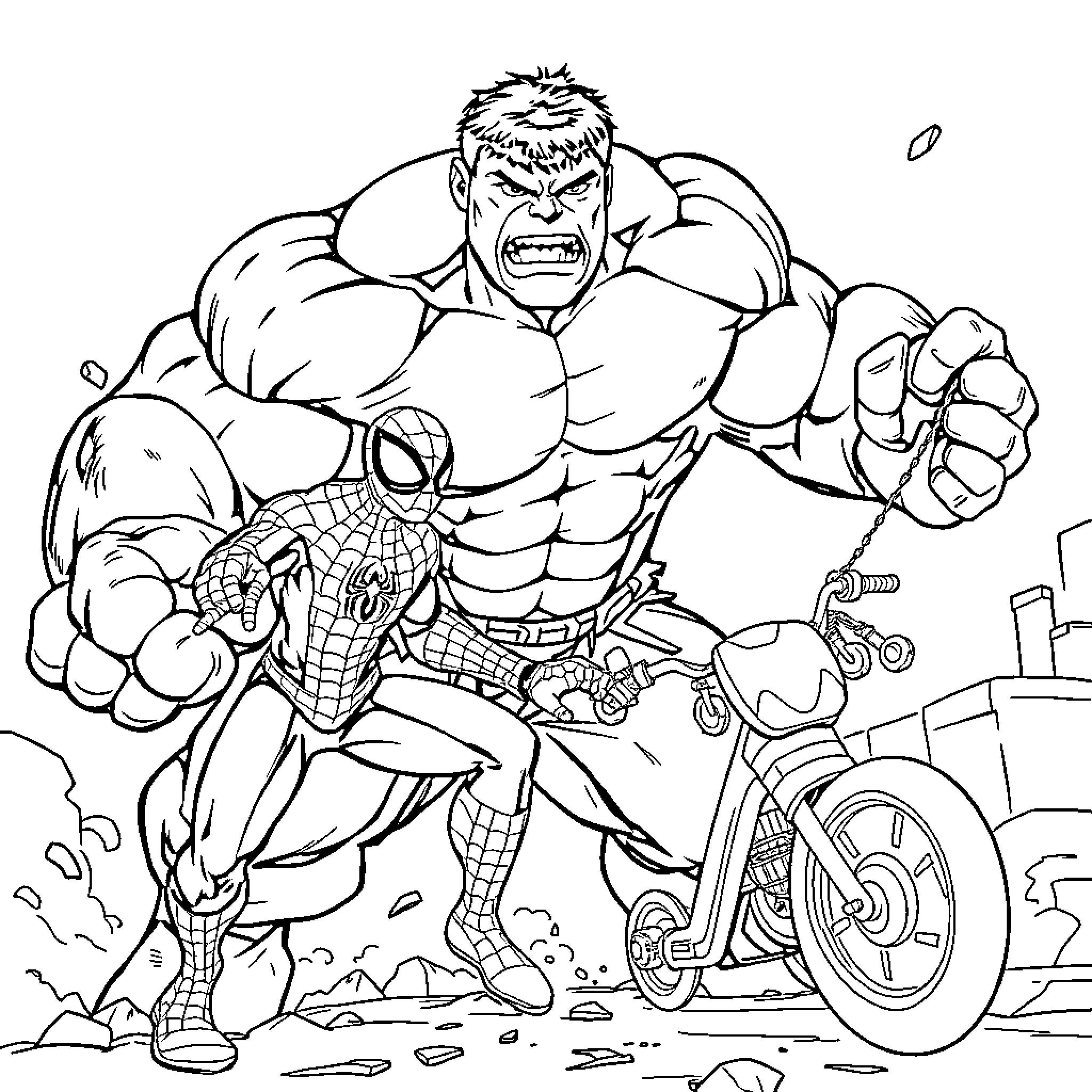 Hulk and Spider-Man facing off in action-packed scene Coloring Page (free black-and-white line drawing printable PDF for all, from beginners to advanced learners, including children, teens, adults, and seniors)