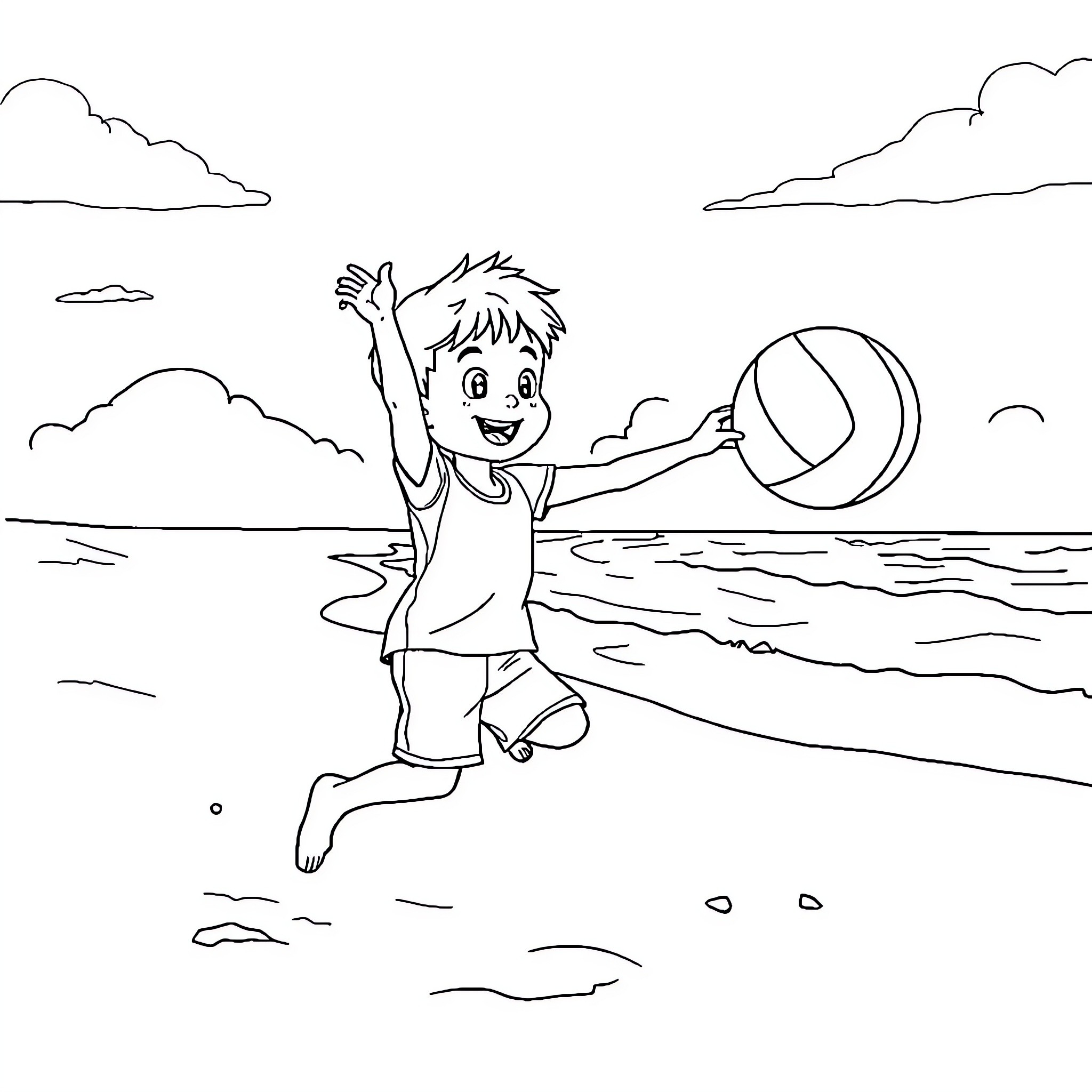Child playing joyfully with beach ball on the shore Coloring Page (free black-and-white line drawing printable PDF for all, from beginners to advanced learners, including children, teens, adults, and seniors)