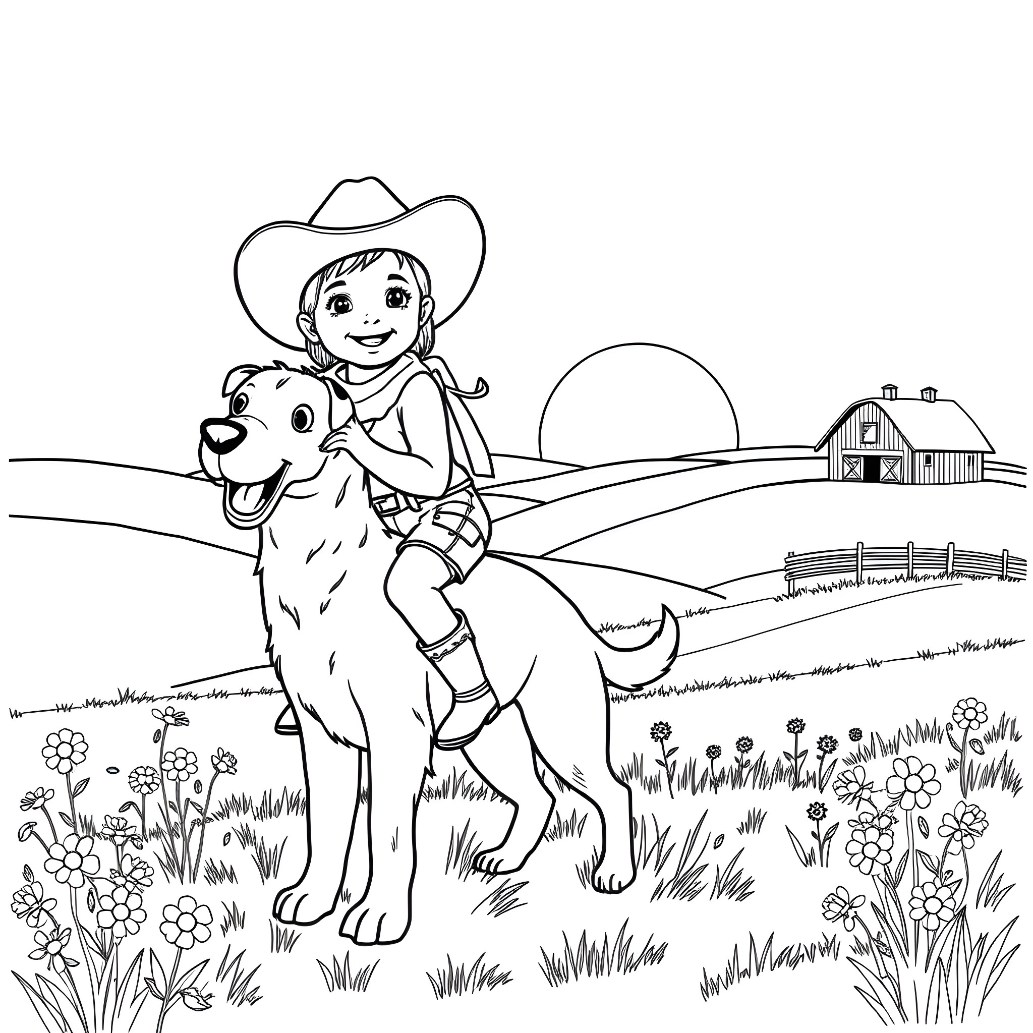Cowgirl riding a friendly dog in the countryside Coloring Page (free black-and-white line drawing printable PDF for all, from beginners to advanced learners, including children, teens, adults, and seniors)